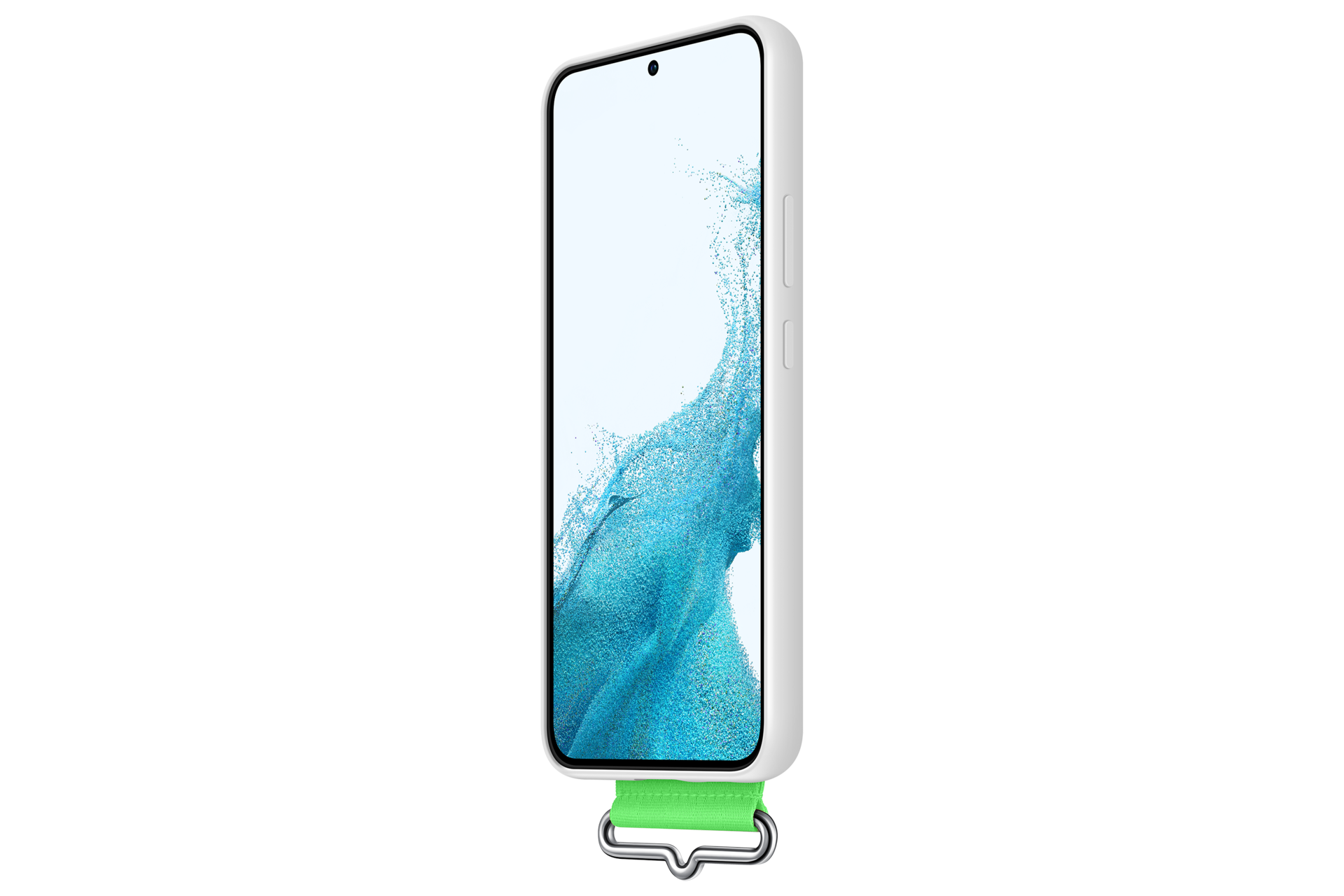 Un smartphone blanco con una correa verde y gancho plateado sobre fondo negro.