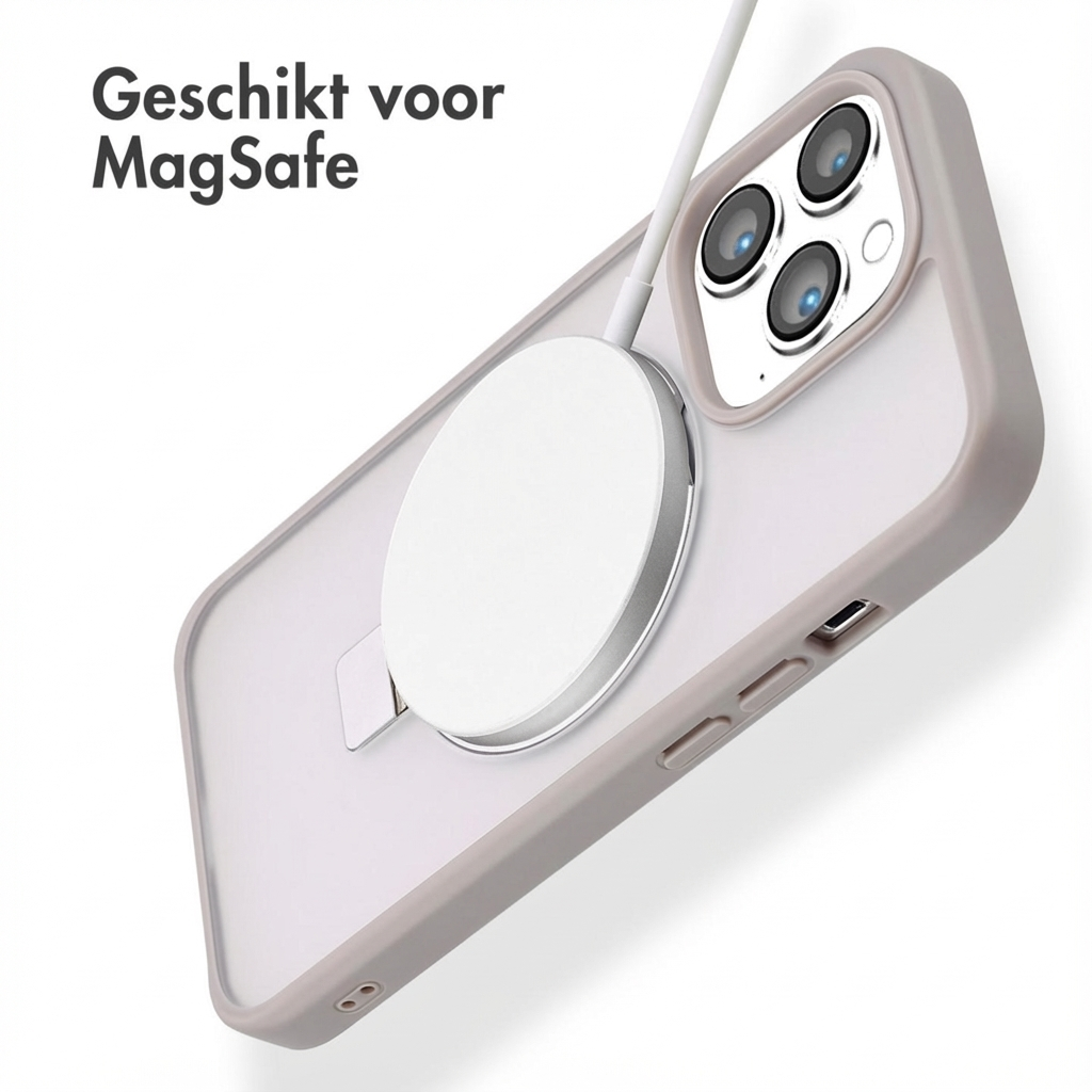 Un iPhone con un caricabatterie MagSafe attaccato al retro.