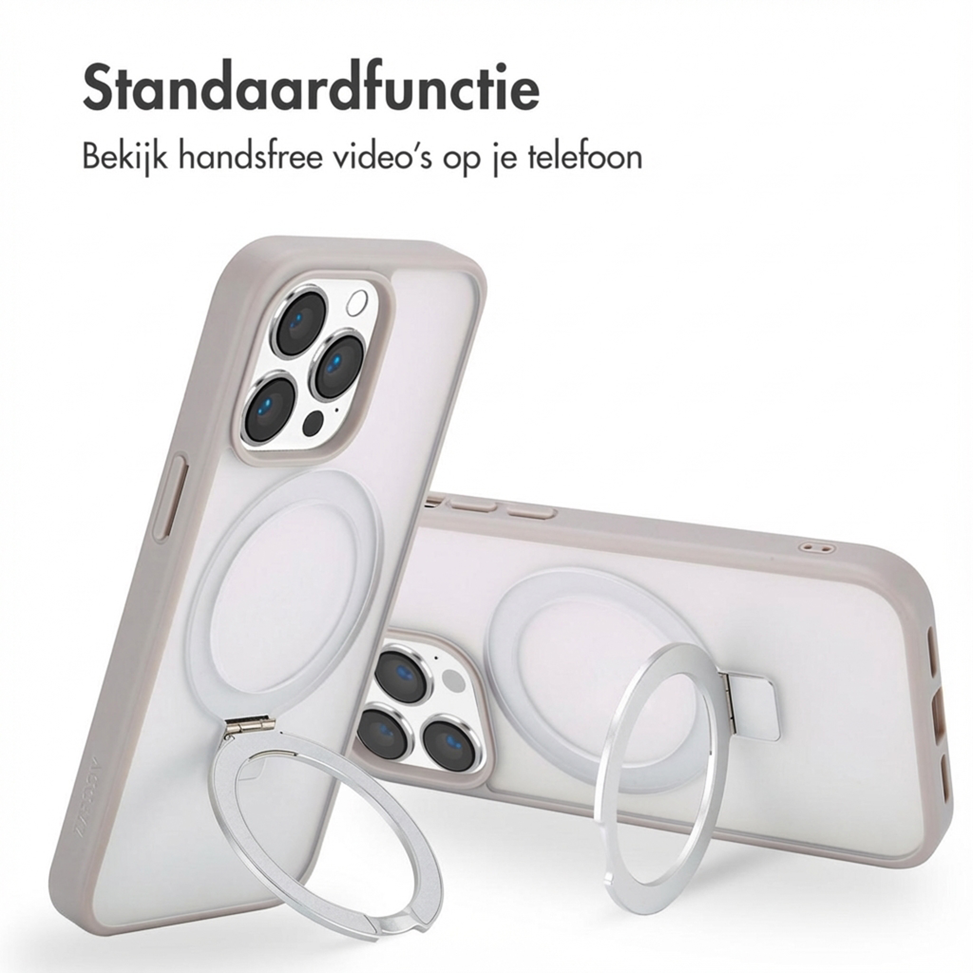 Custodia grigia per telefono con anello di supporto e ritaglio fotocamera su sfondo bianco.