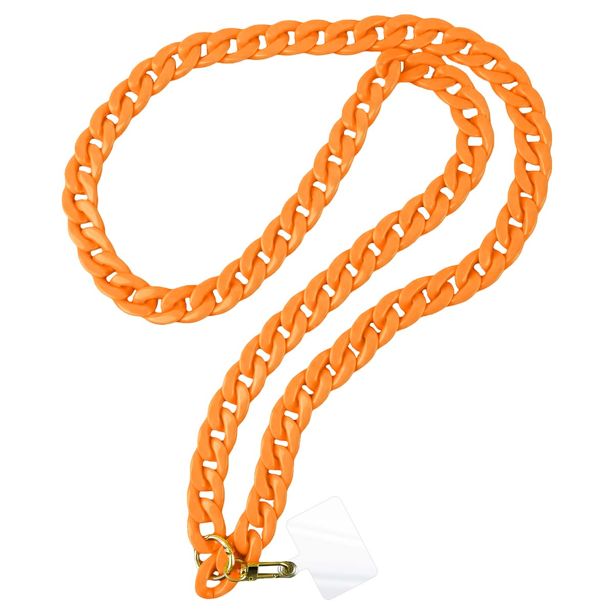 Orange Gliederkette mit Karabiner und Handy-Anhänger.