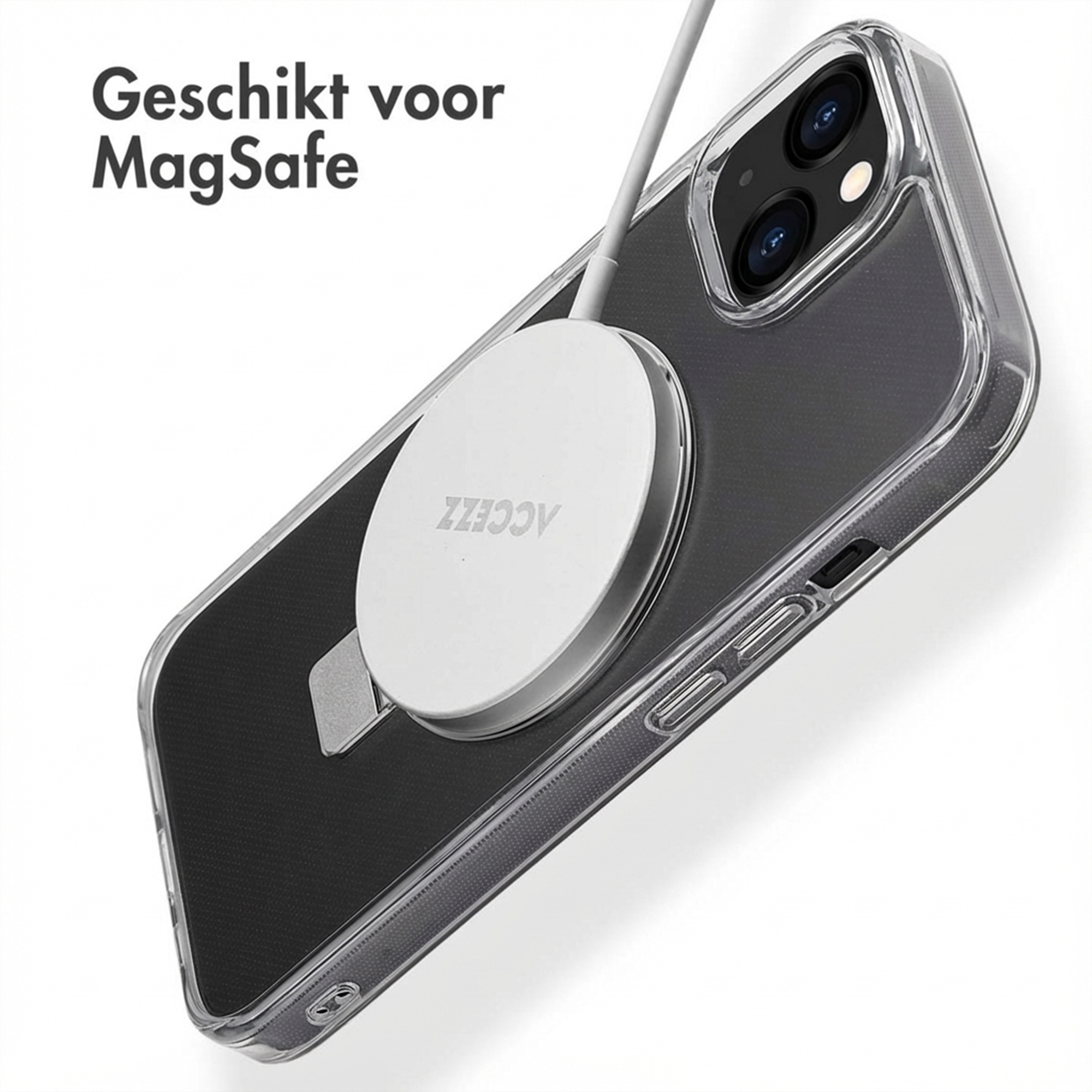 Ein durchsichtiges Handy-Case mit MagSafe-Ladegerät ist auf einem Smartphone befestigt.