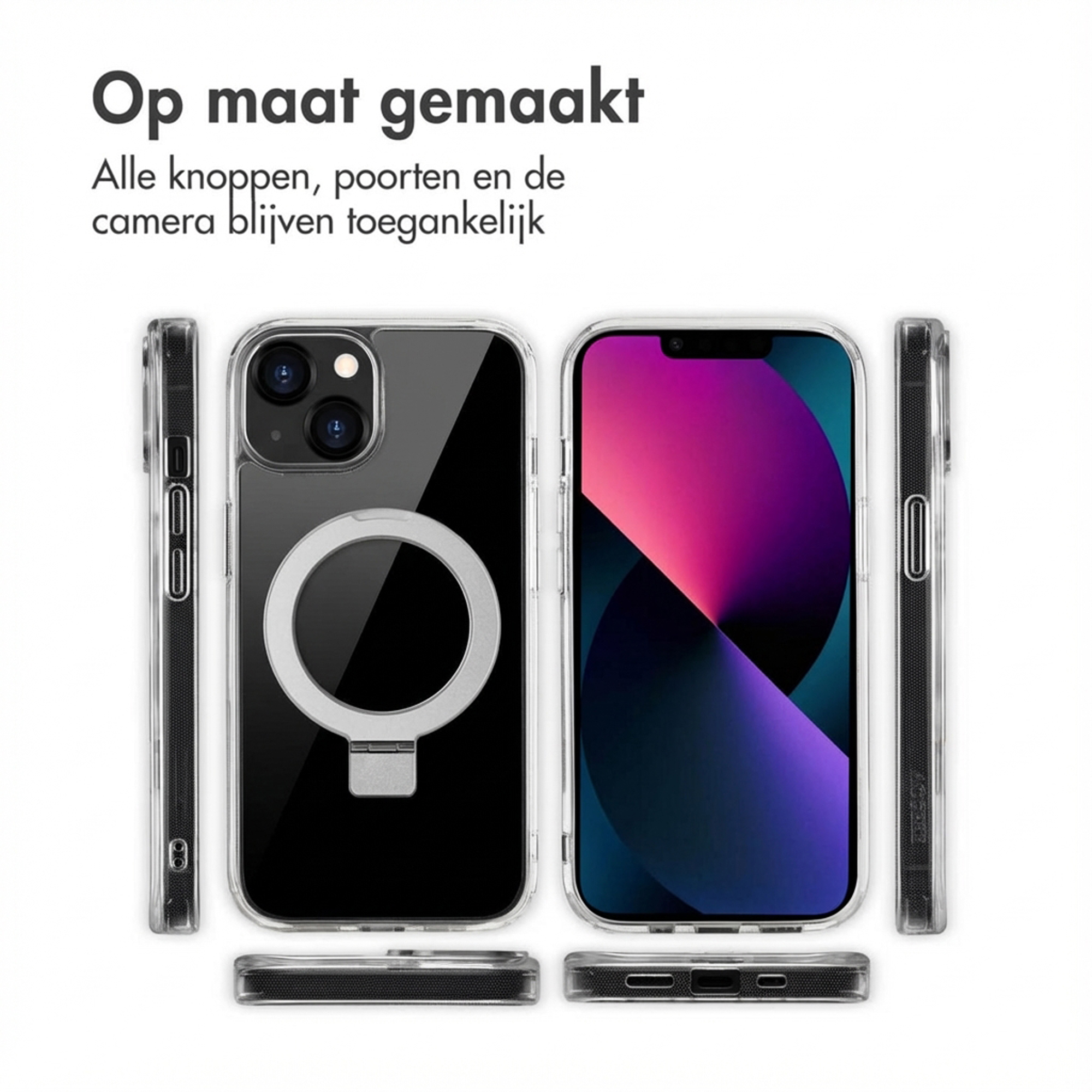 Transparente Hülle für iPhone mit magnetischem Ring, Vorder- und Rückansicht.