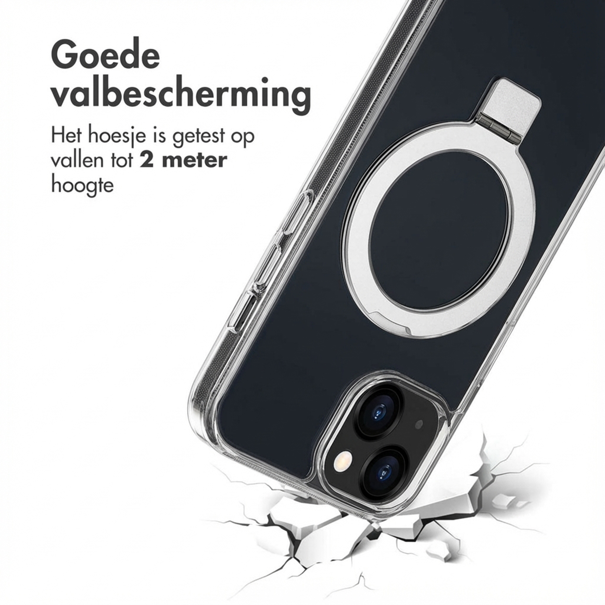 Transparente Handyhülle mit Ring für Sturzschutz bis 2 Meter.