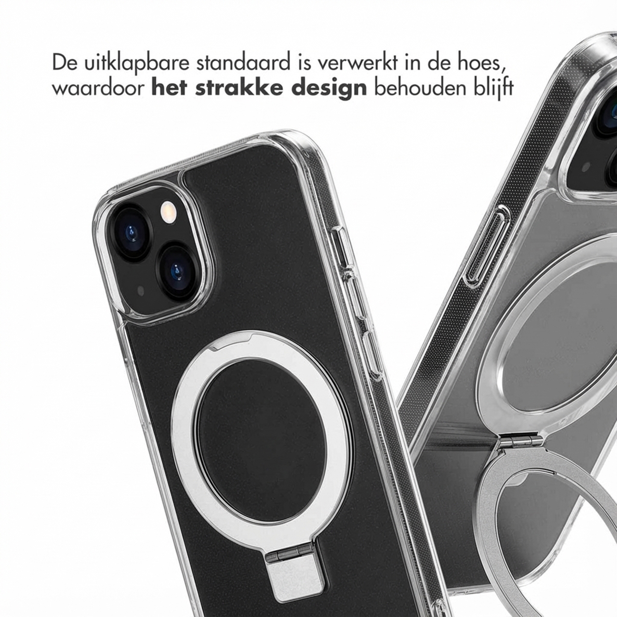 Durchsichtige Hülle mit silbernem Ringständer für ein Smartphone.