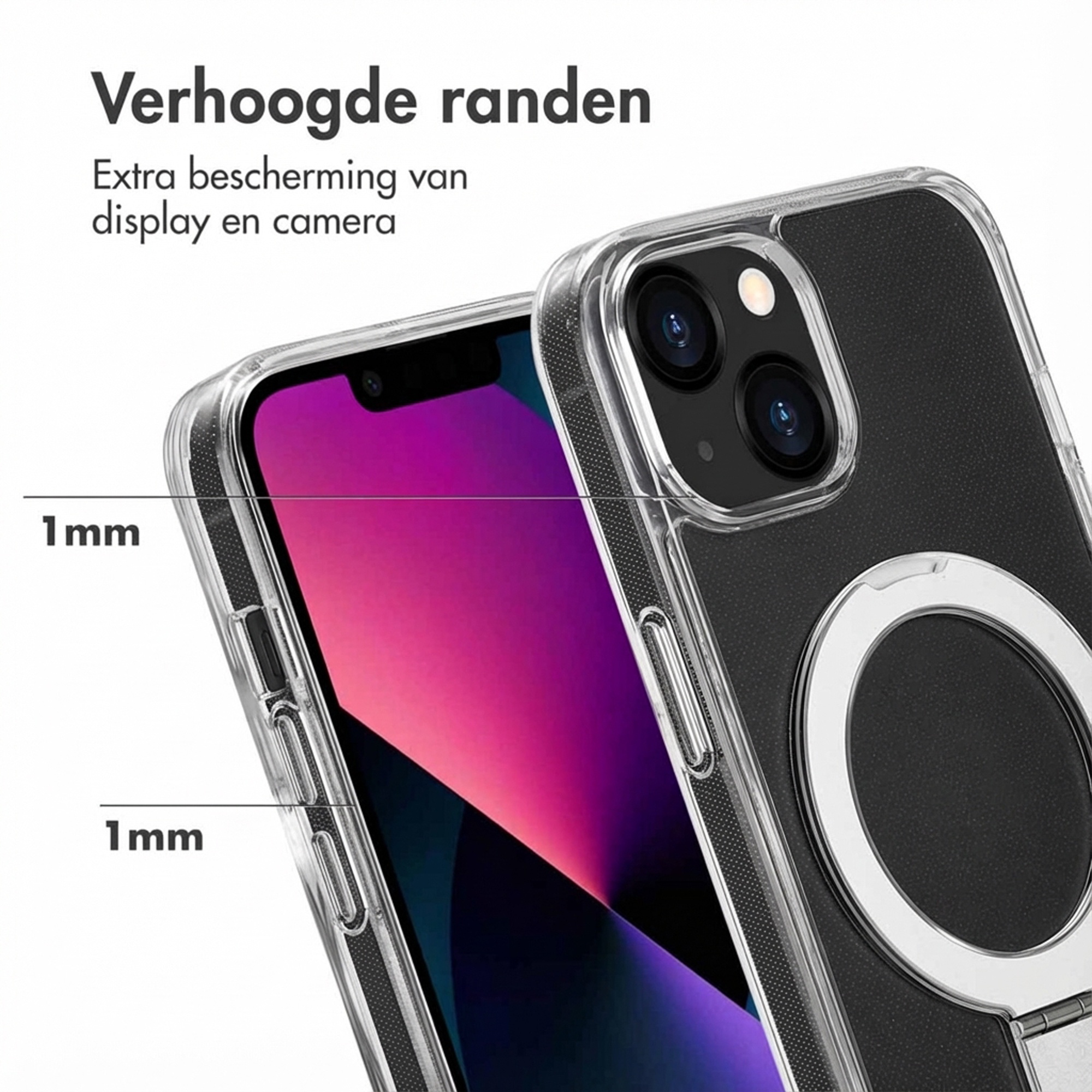 Transparente Handyhülle mit erhöhten Rändern (1 mm) für Display und Kamera.