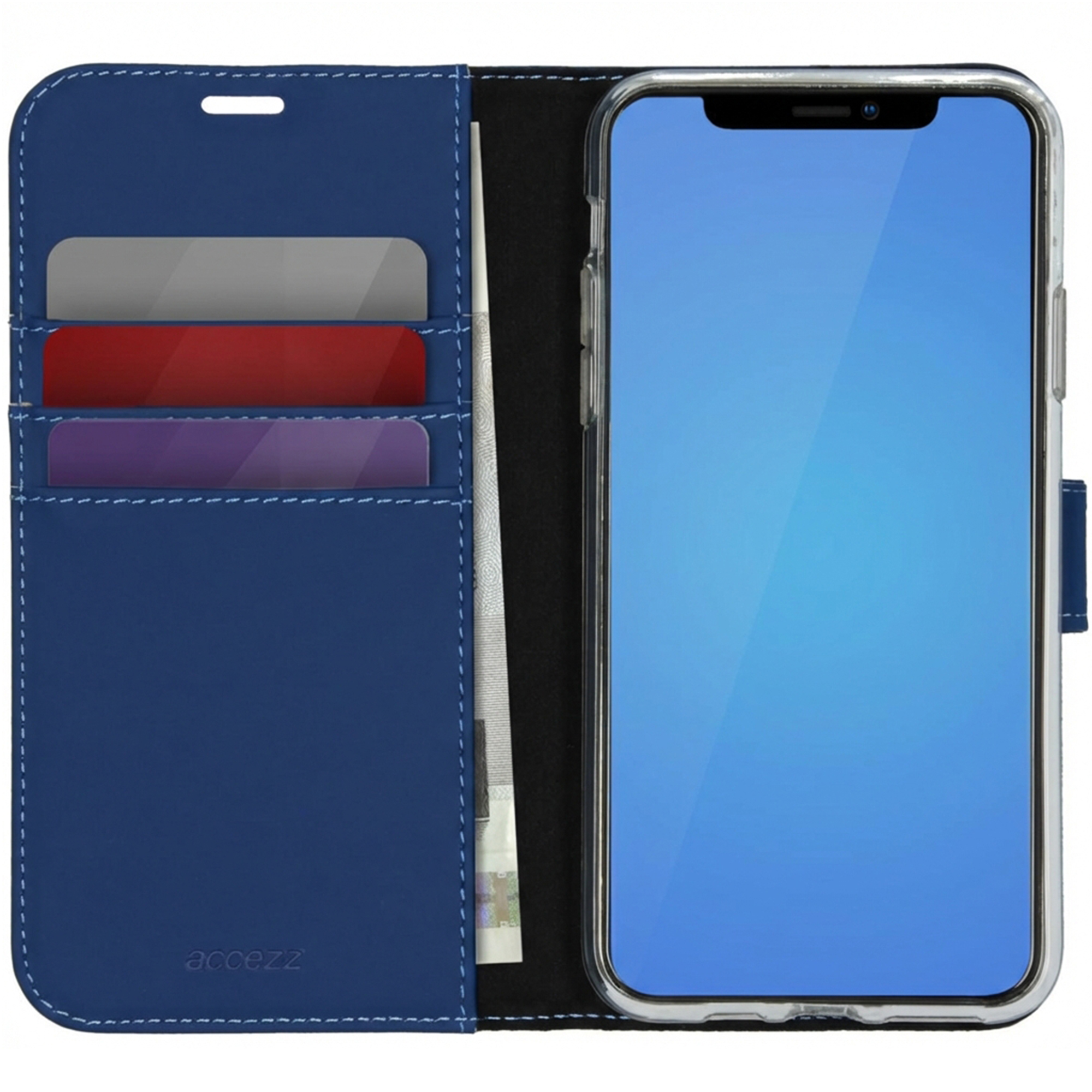 Custodia blu per telefono con slot per schede e uno smartphone con schermo blu.