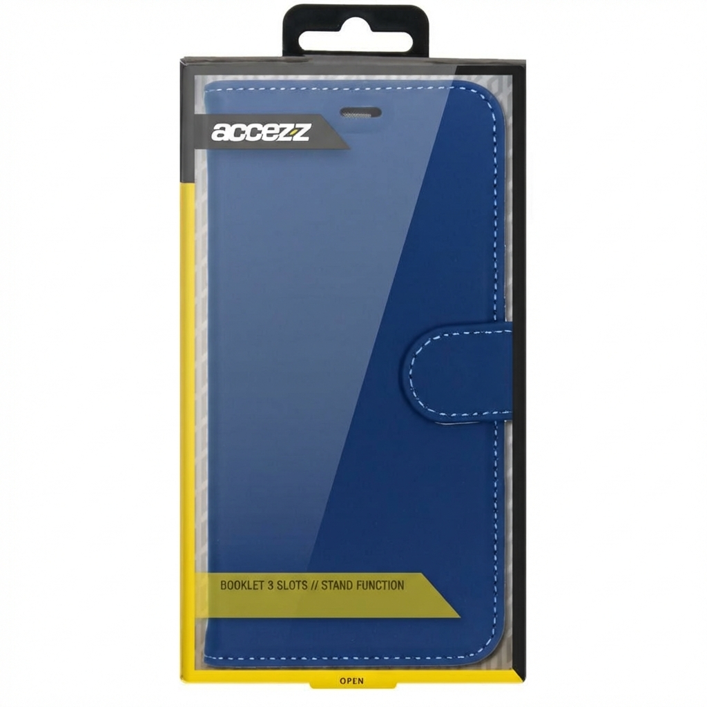 Custodia blu per telefono in confezione con logo 'acezz' e testo 'Booklet 3 Slots // Stand Function'.