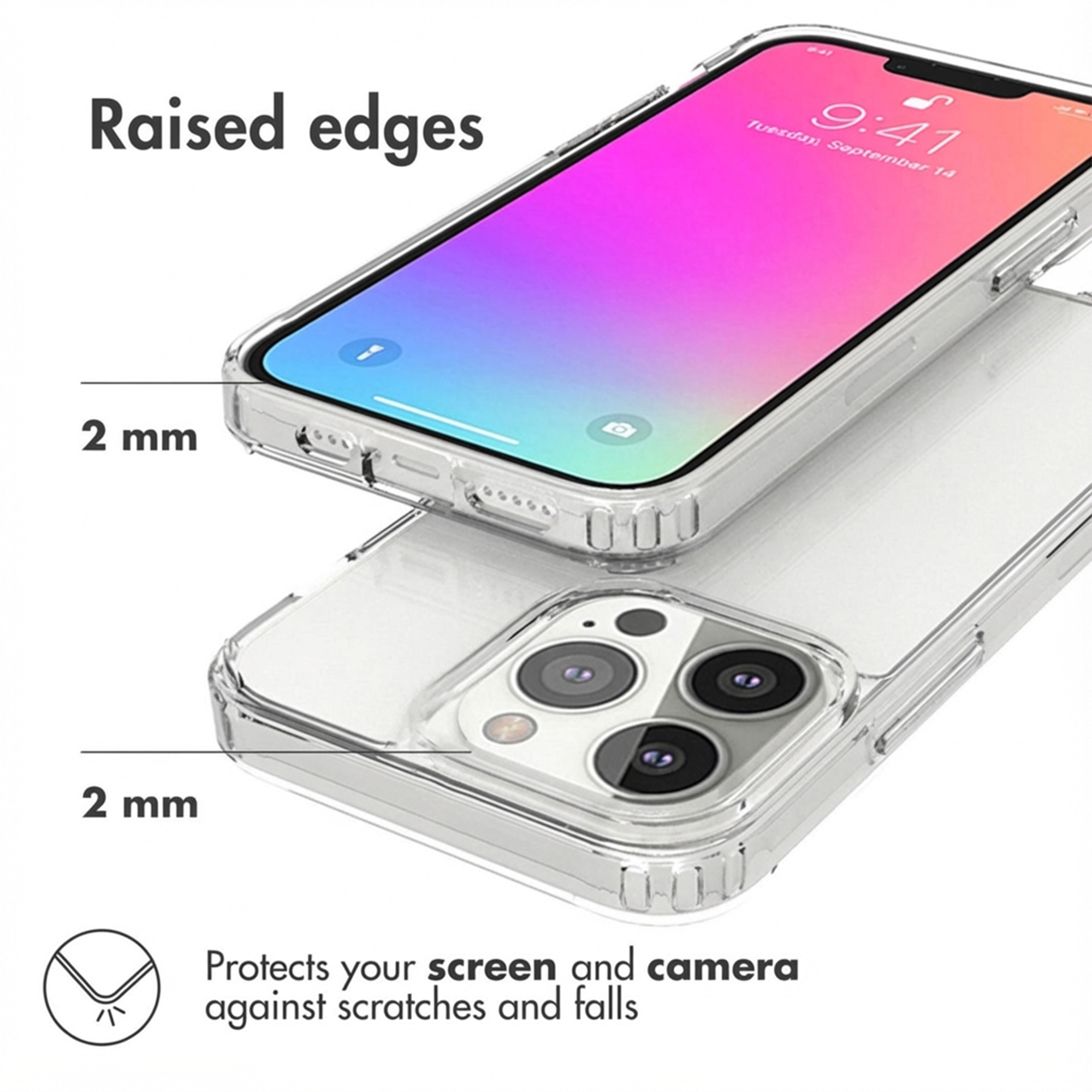 Custodia trasparente per telefono con bordi rialzati da 2mm, protegge fotocamera e schermo.