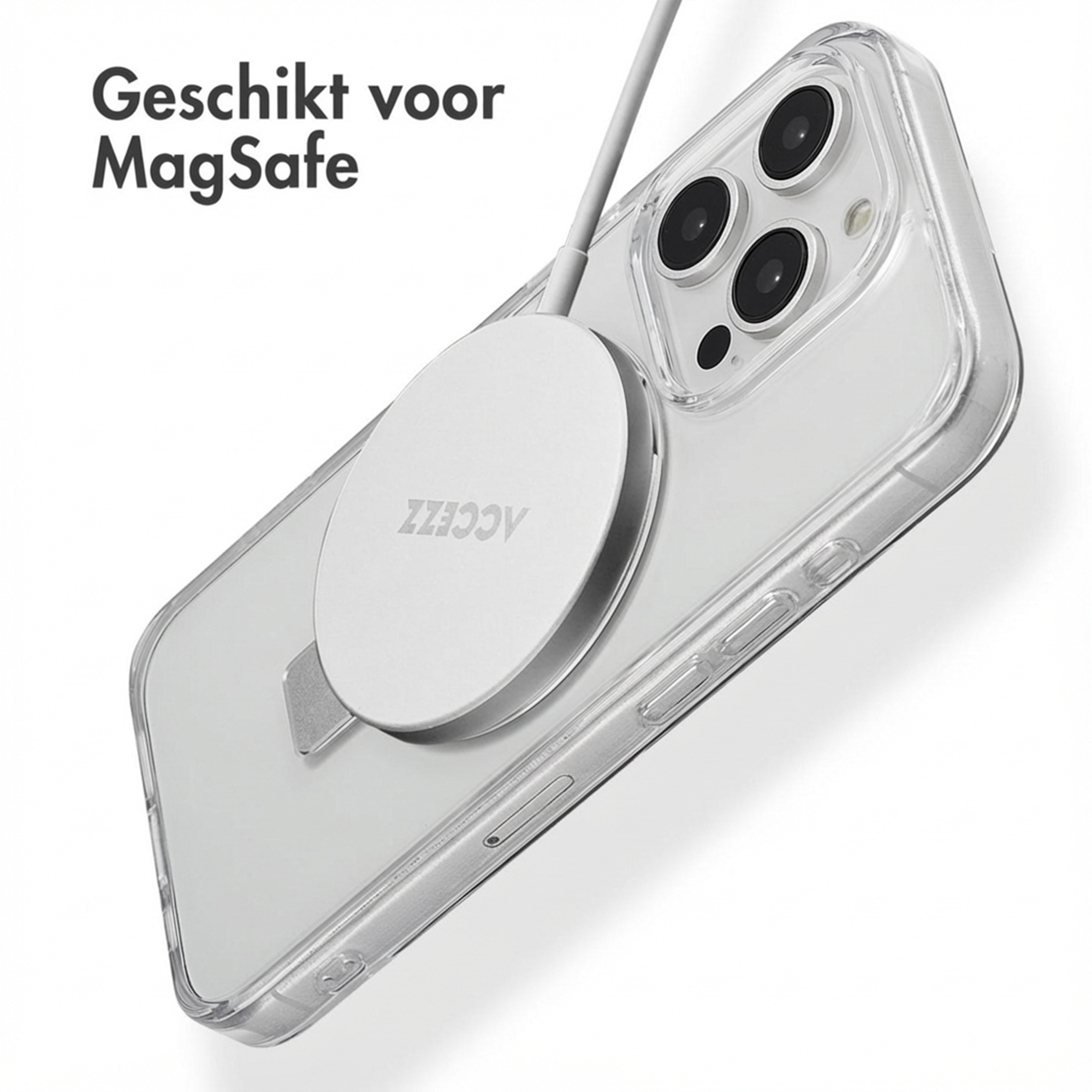 Custodia trasparente per telefono con caricatore MagSafe e cavo.