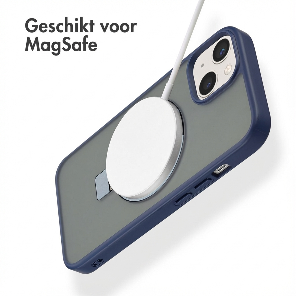 iPhone con caricabatterie MagSafe e custodia. Testo: 'Geschikt voor MagSafe'.
