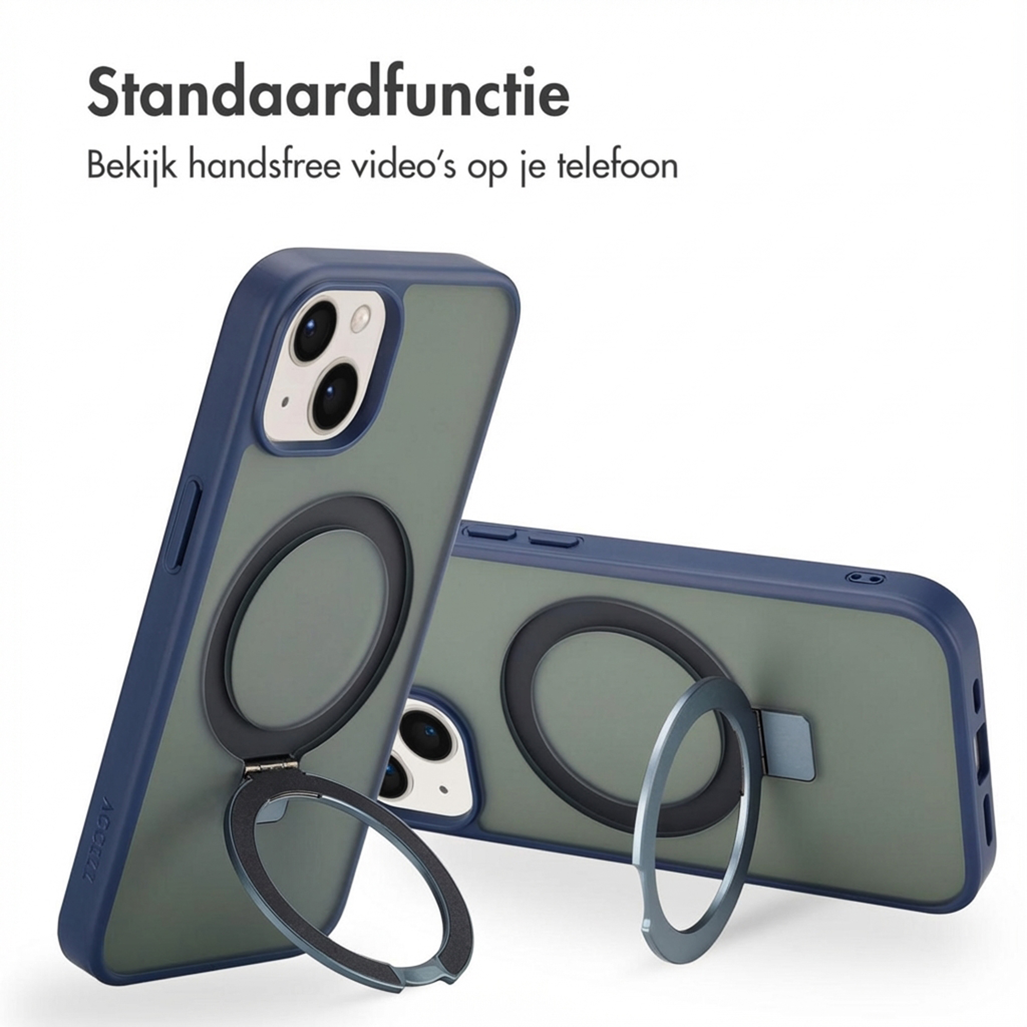 Due custodie per telefono blu scuro con anelli grigio opaco integrati su sfondo bianco.