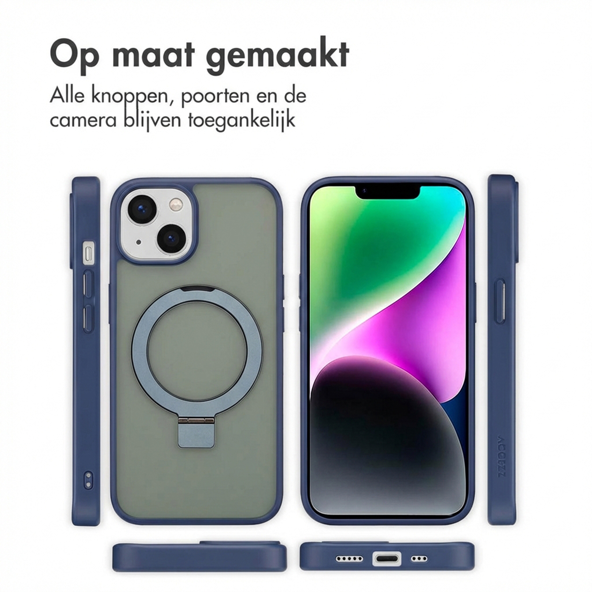 Custodia blu per telefono con retro trasparente, che lascia accessibili tutte le porte.