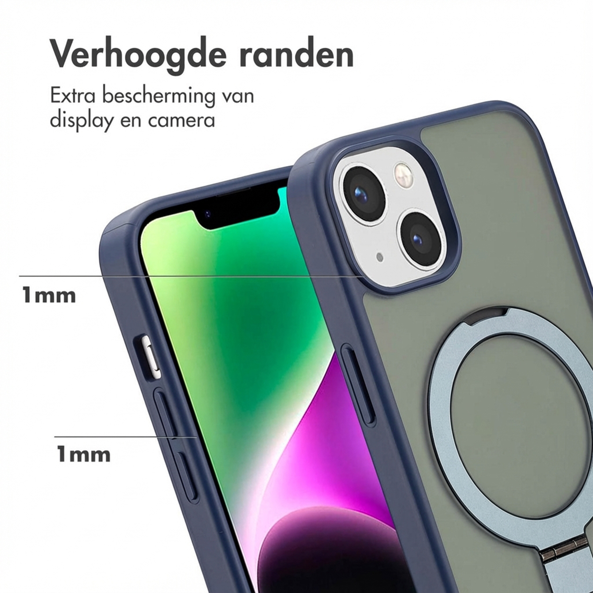 Una cover blu scuro per telefono con bordi rialzati, spessa 1 mm.