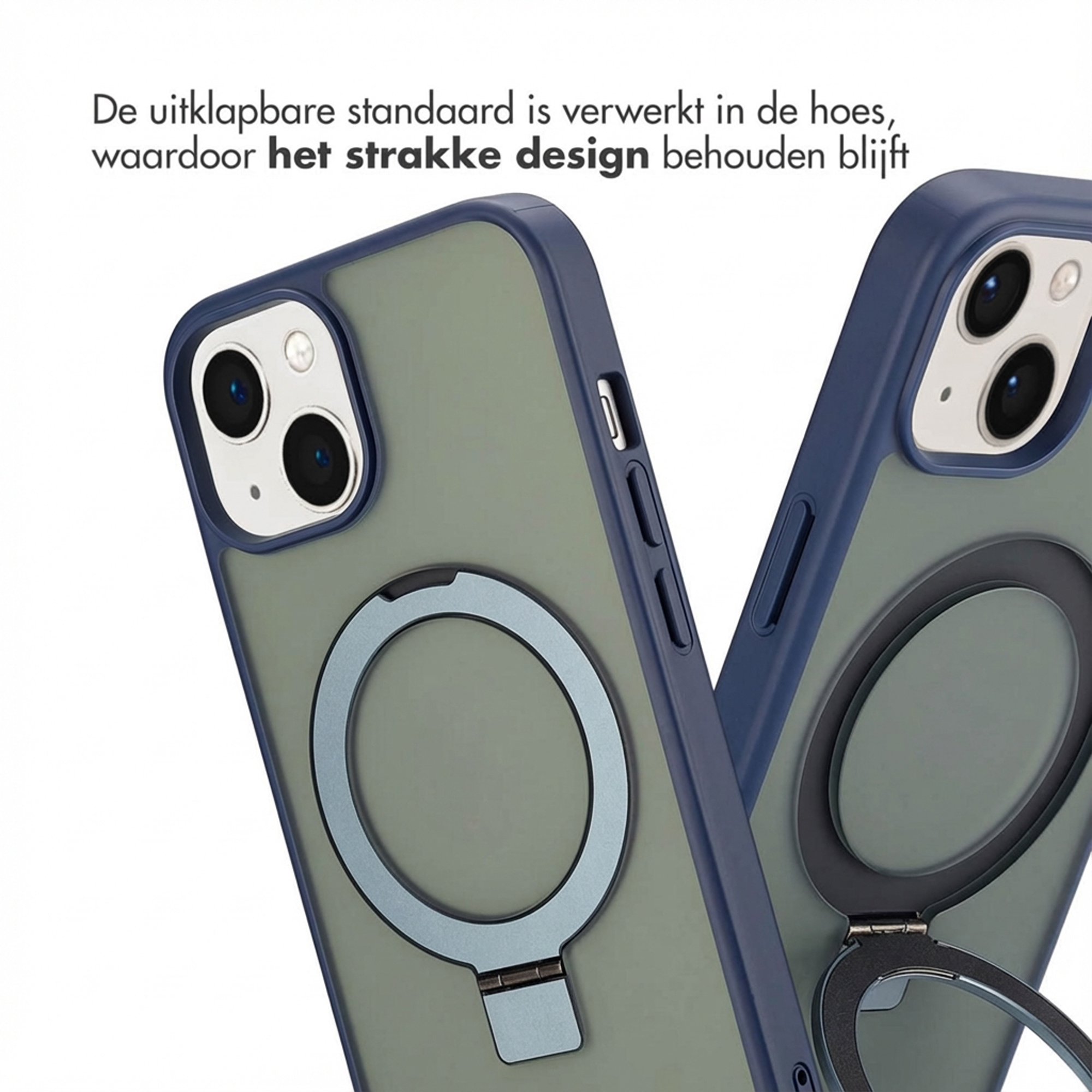 Due cover per telefono verde oliva e blu scuro con supporto ad anello.