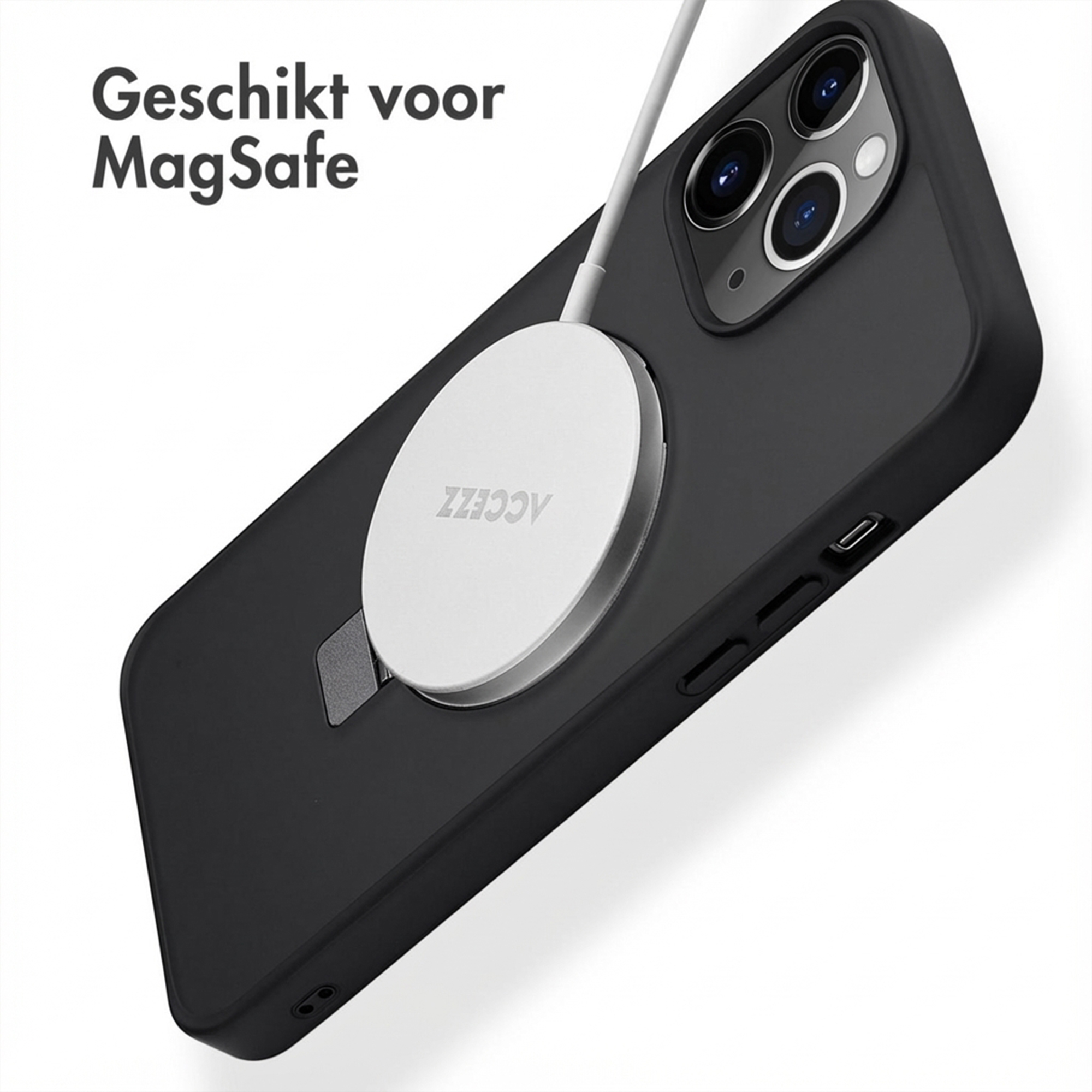 Custodia nera per telefono con caricatore MagSafe e testo.
