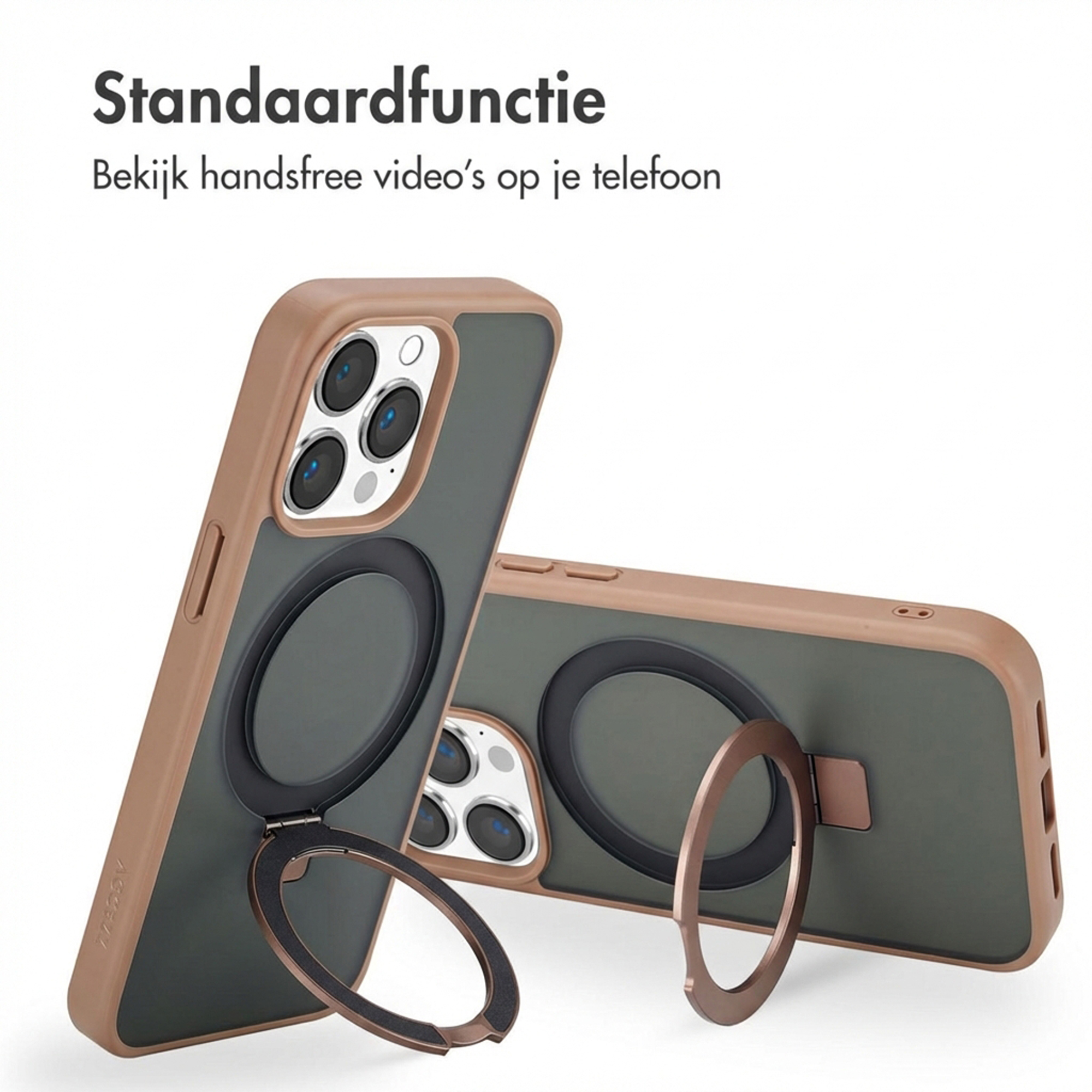 Custodia marrone per telefono con anello di supporto integrato, mostra fotocamera posteriore.