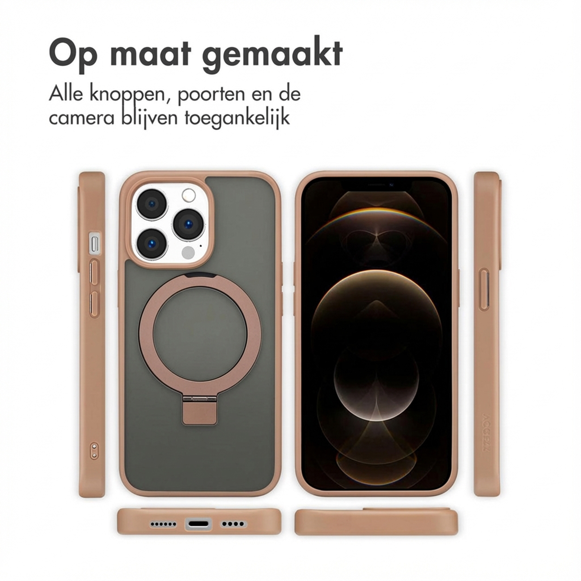 Un iPhone con custodia marrone mostrato da tutti i lati.