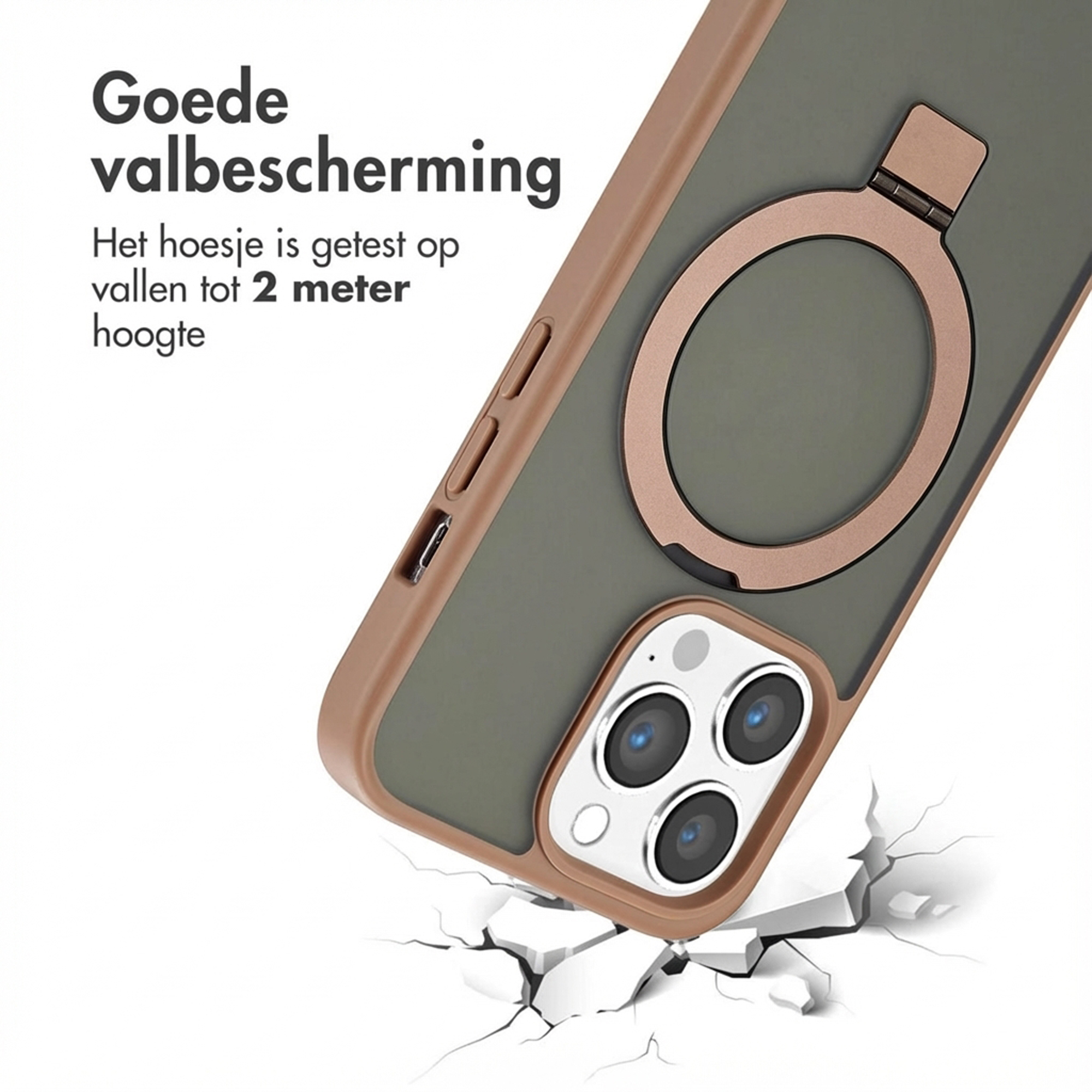Custodia per telefono con anello che cade su terreno crepato.