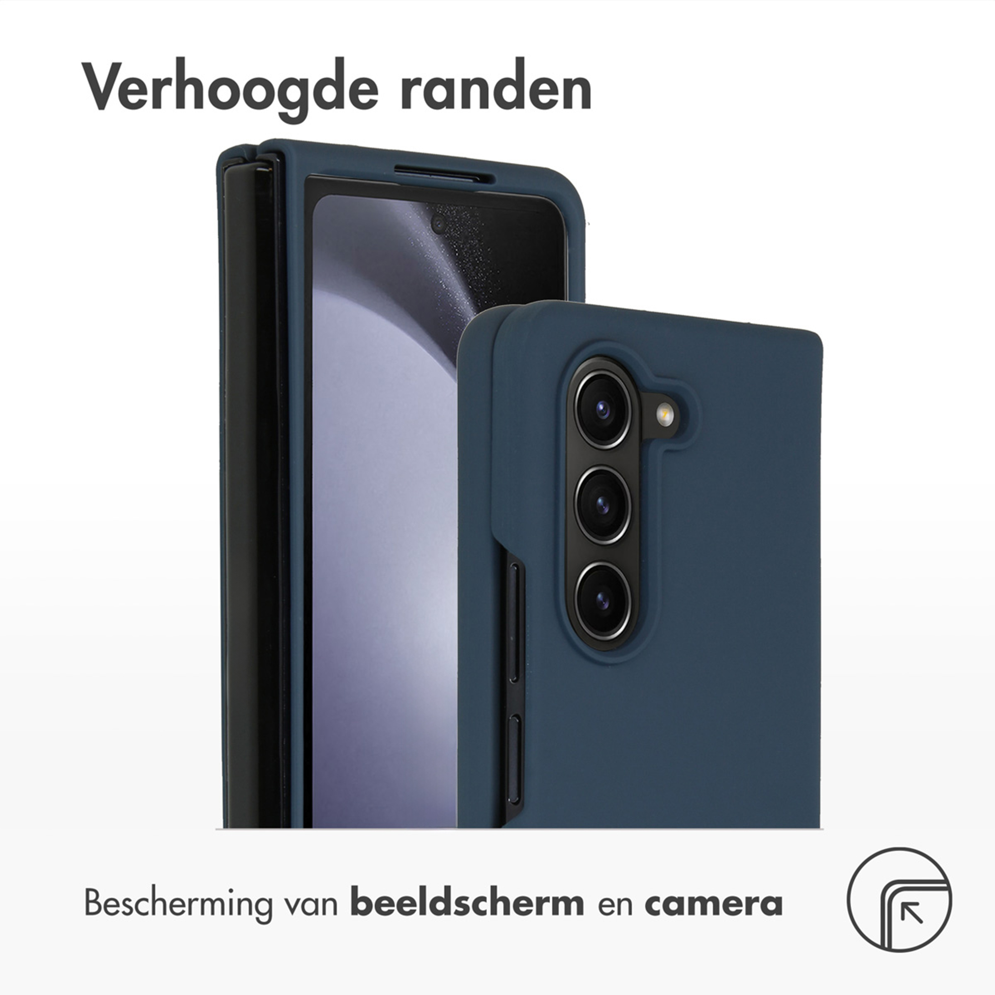 Una custodia blu per telefono con bordi rialzati protegge schermo e fotocamera.