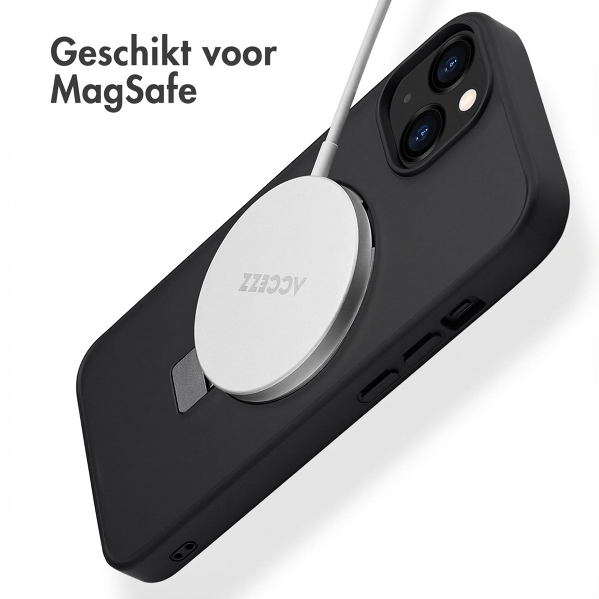 iPhone nero con caricatore MagSafe e cavo sul retro.
