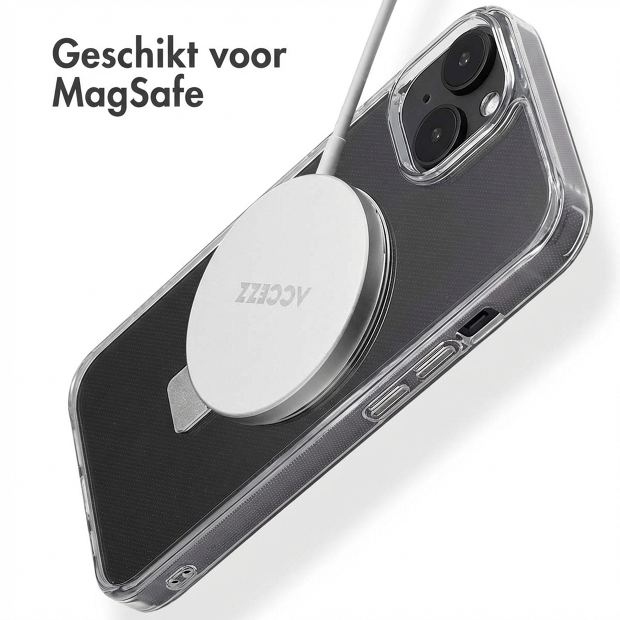 Uno smartphone con caricabatterie MagSafe attaccato sul retro.