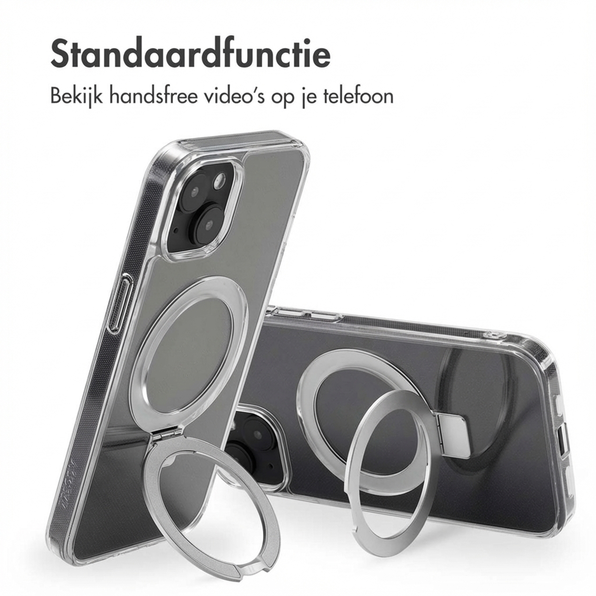 Custodia trasparente per telefono con anello argentato, perfetta per la visione a mani libere.