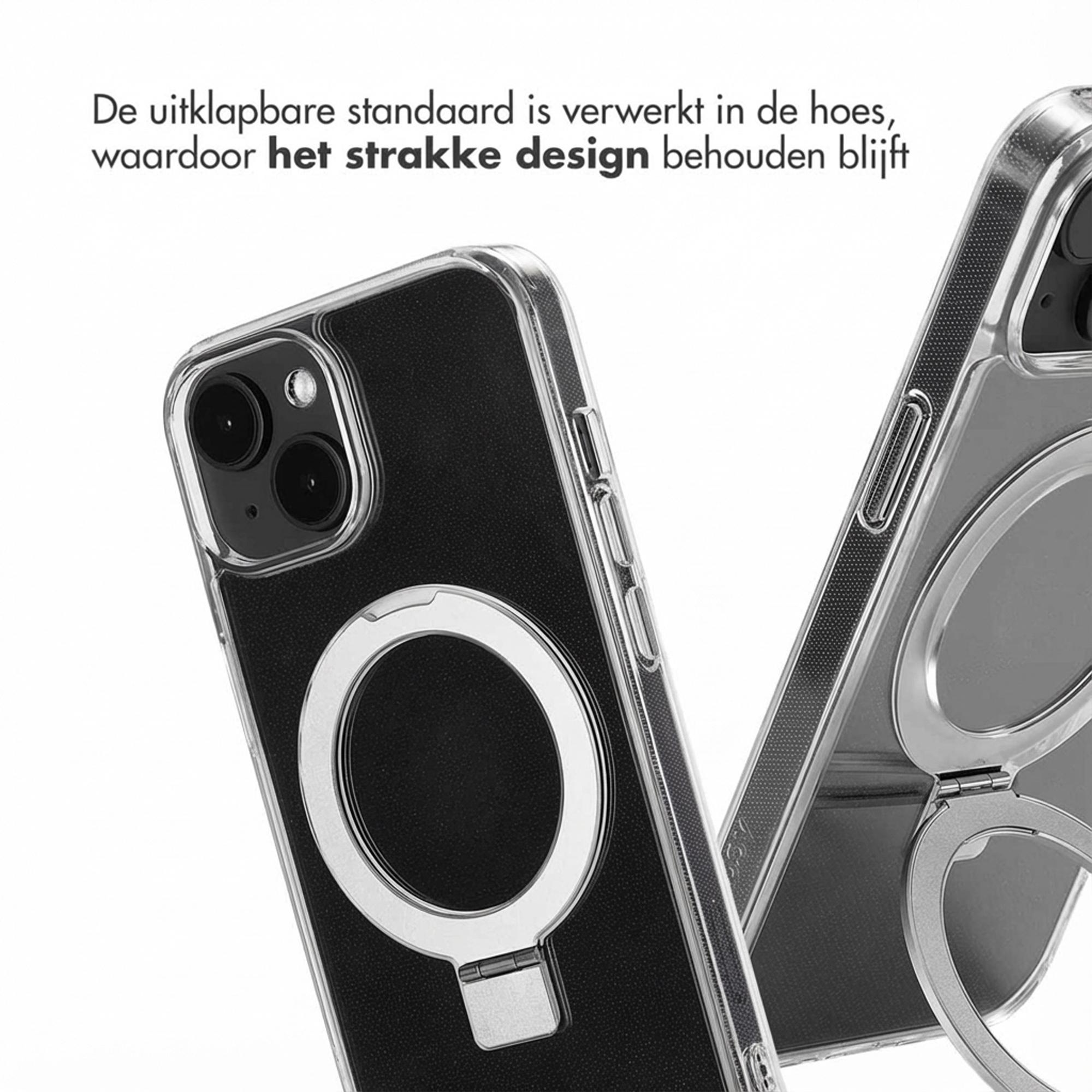 Custodia trasparente per telefono con anello di supporto argentato piegato.