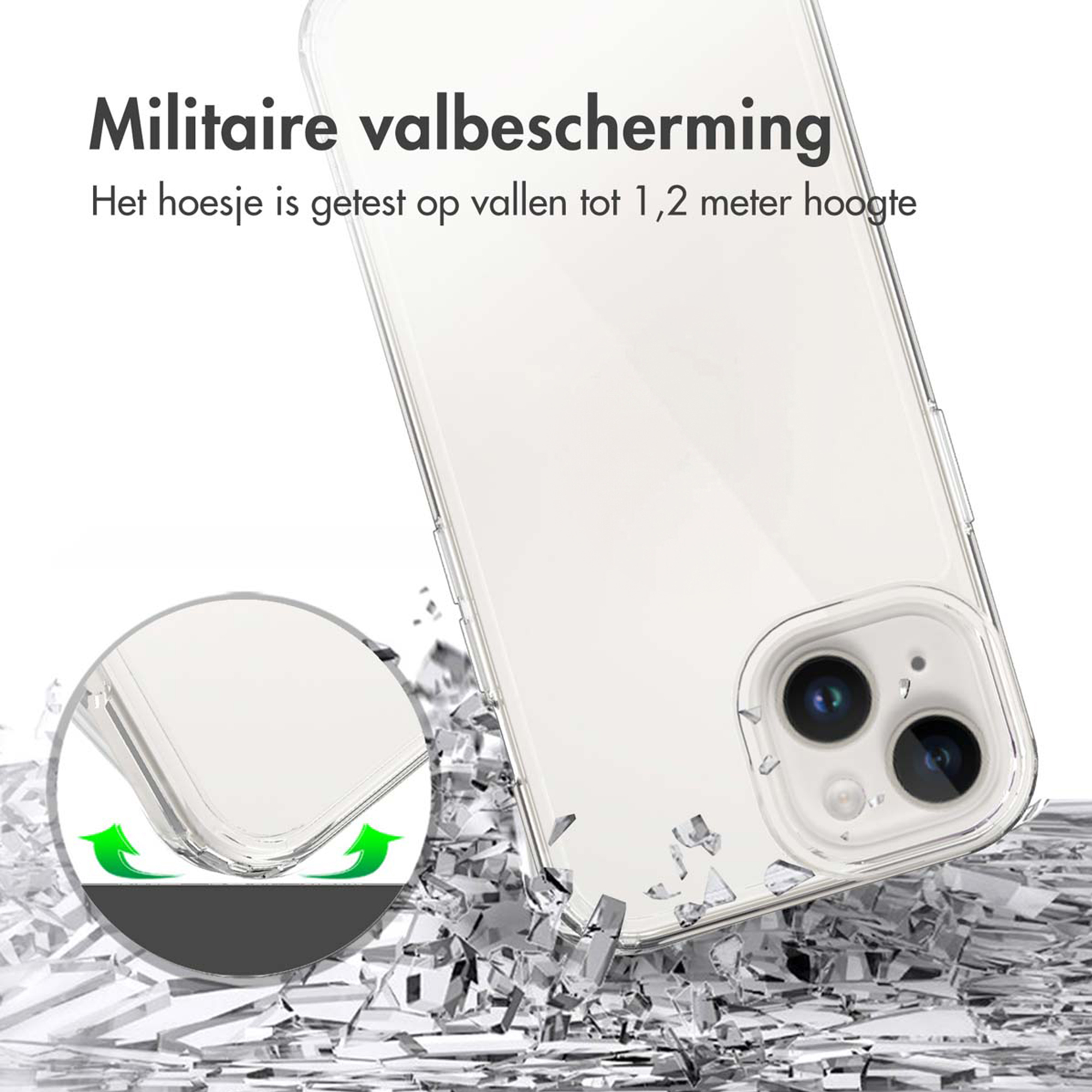 Clear phone case with drop protection graphic, resting on shattered glass.