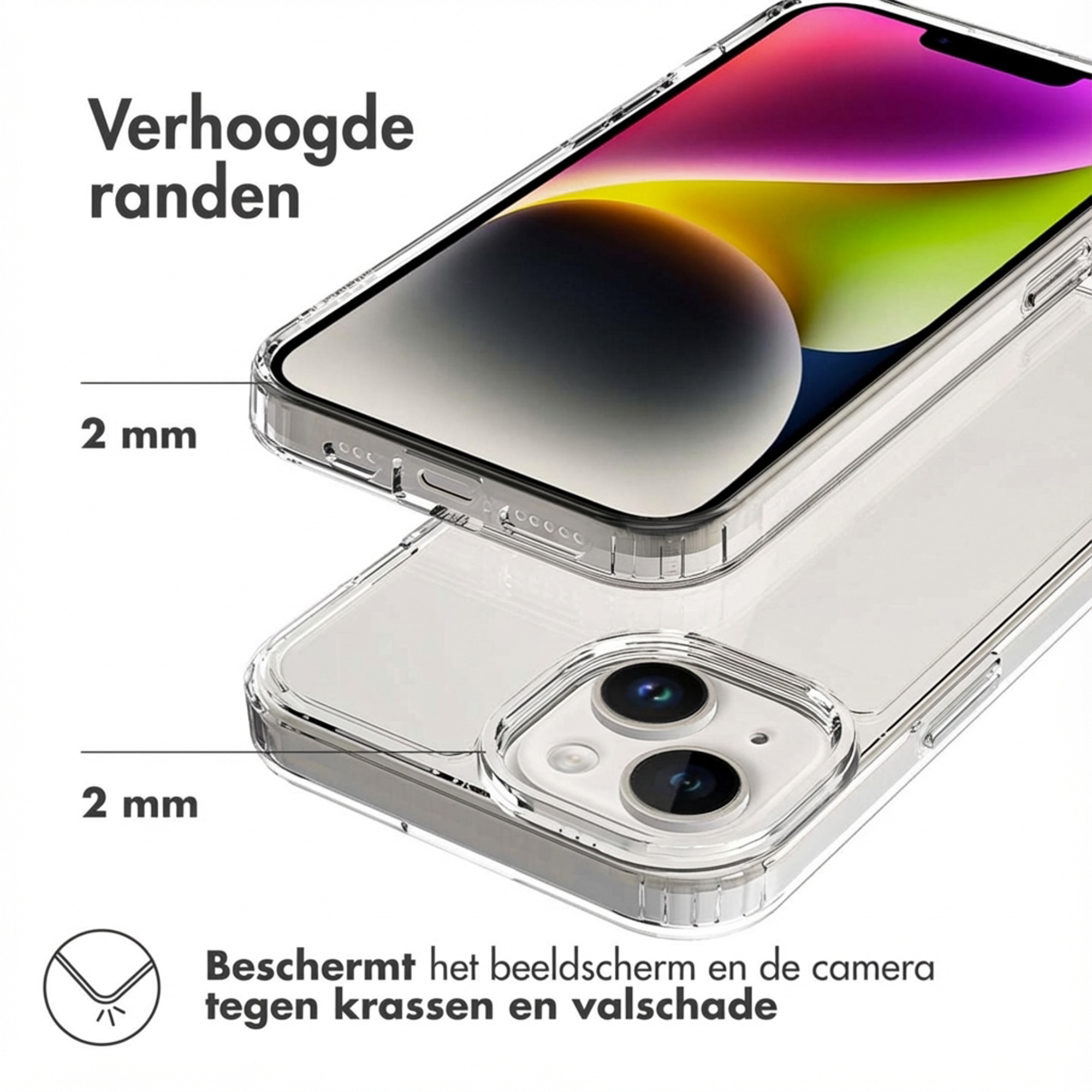 Clear phone case with 2mm raised edges, protects screen and camera.