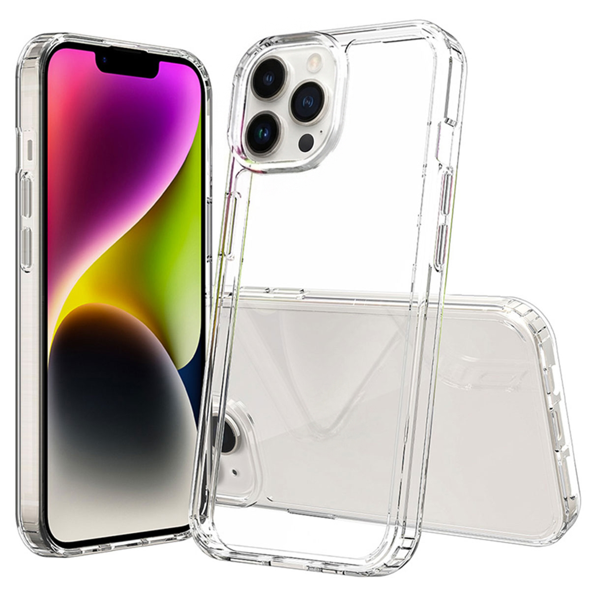 Clear phone case next to a smartphone displaying a colorful screen.