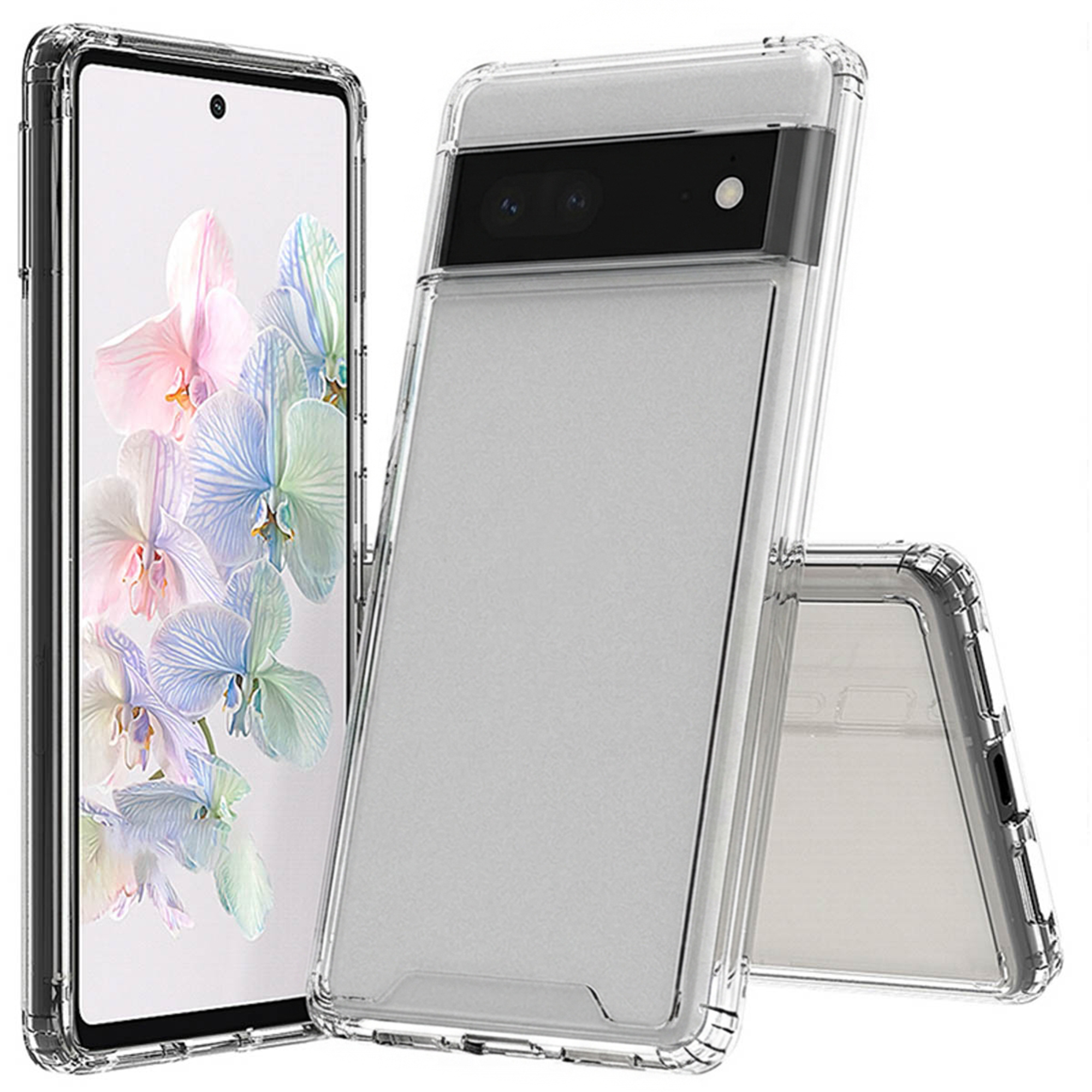 Un set di custodie trasparenti per smartphone con motivo floreale.