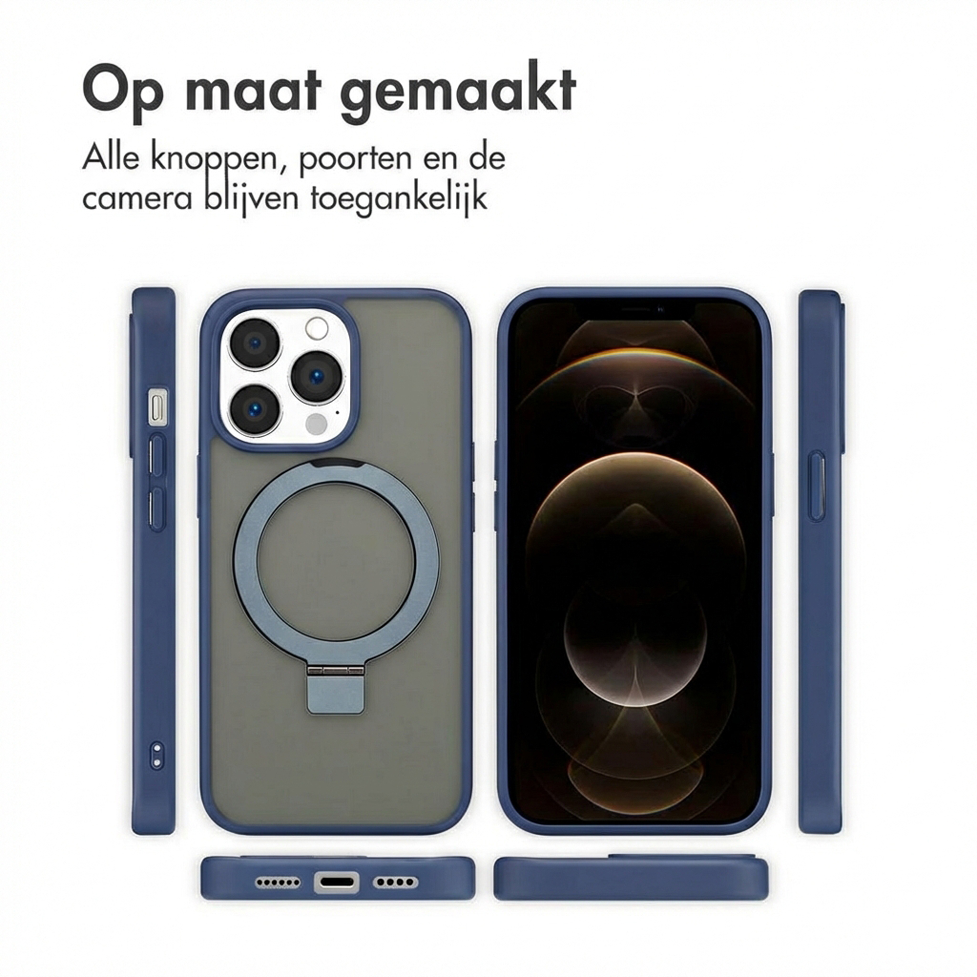 Tre custodie per telefono blu con un anello di supporto e il retro di uno smartphone.