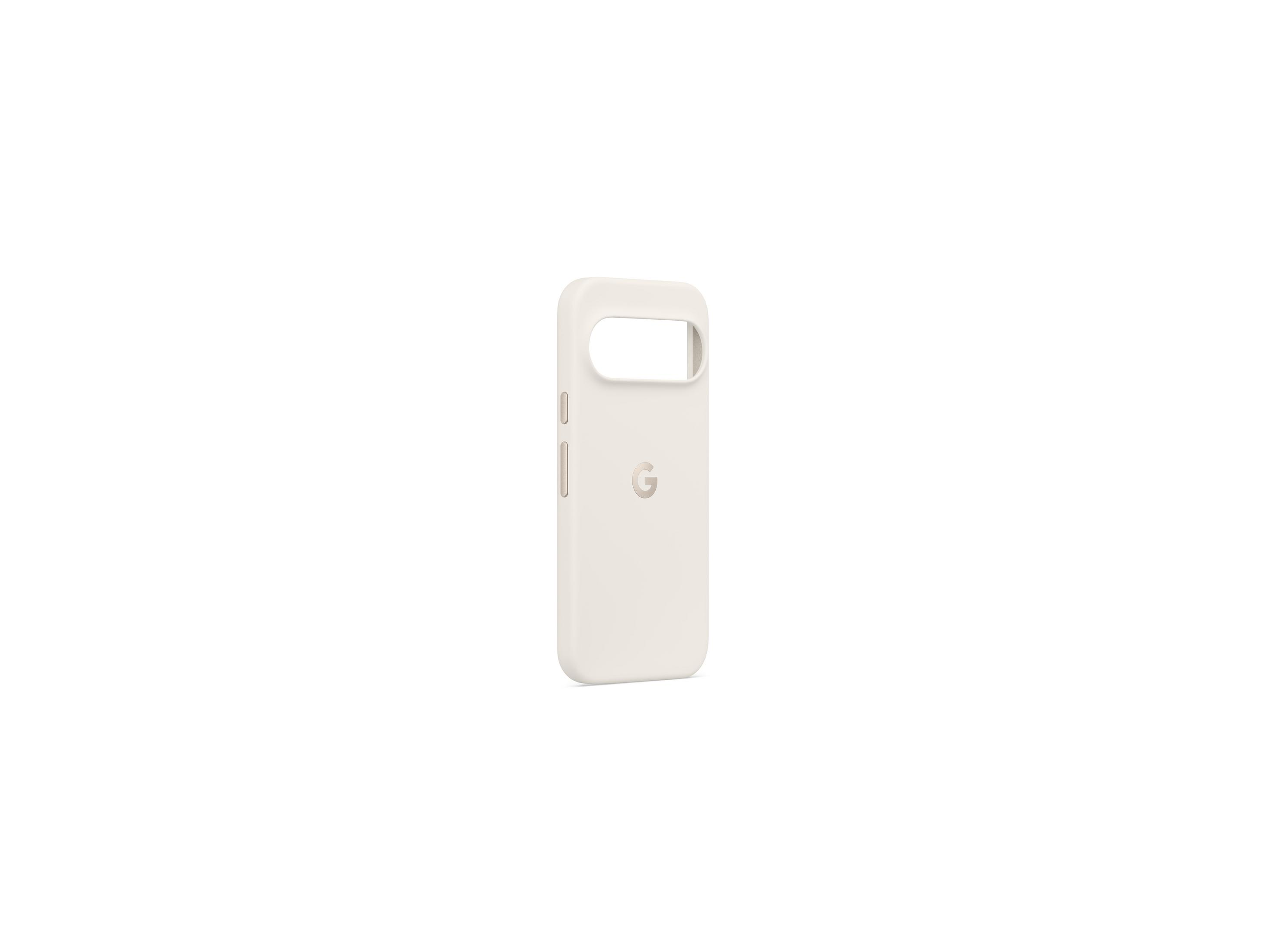 Una funda blanca para teléfono con logo de Google, sobre fondo blanco.