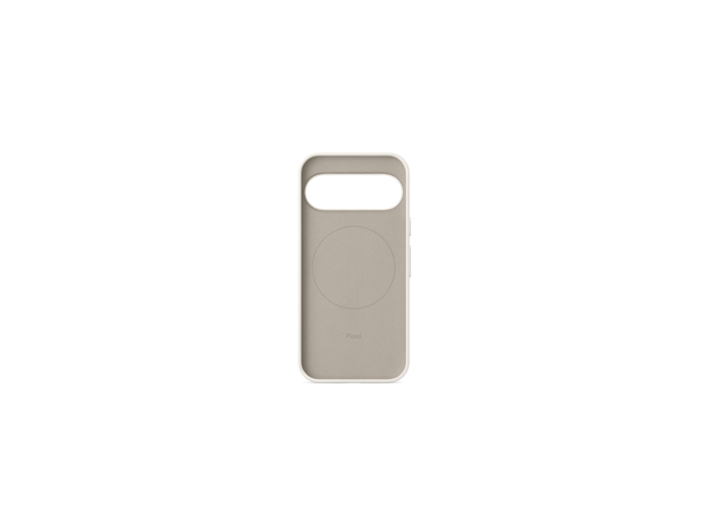 Una funda de teléfono gris con borde blanco, con la palabra Pixel.