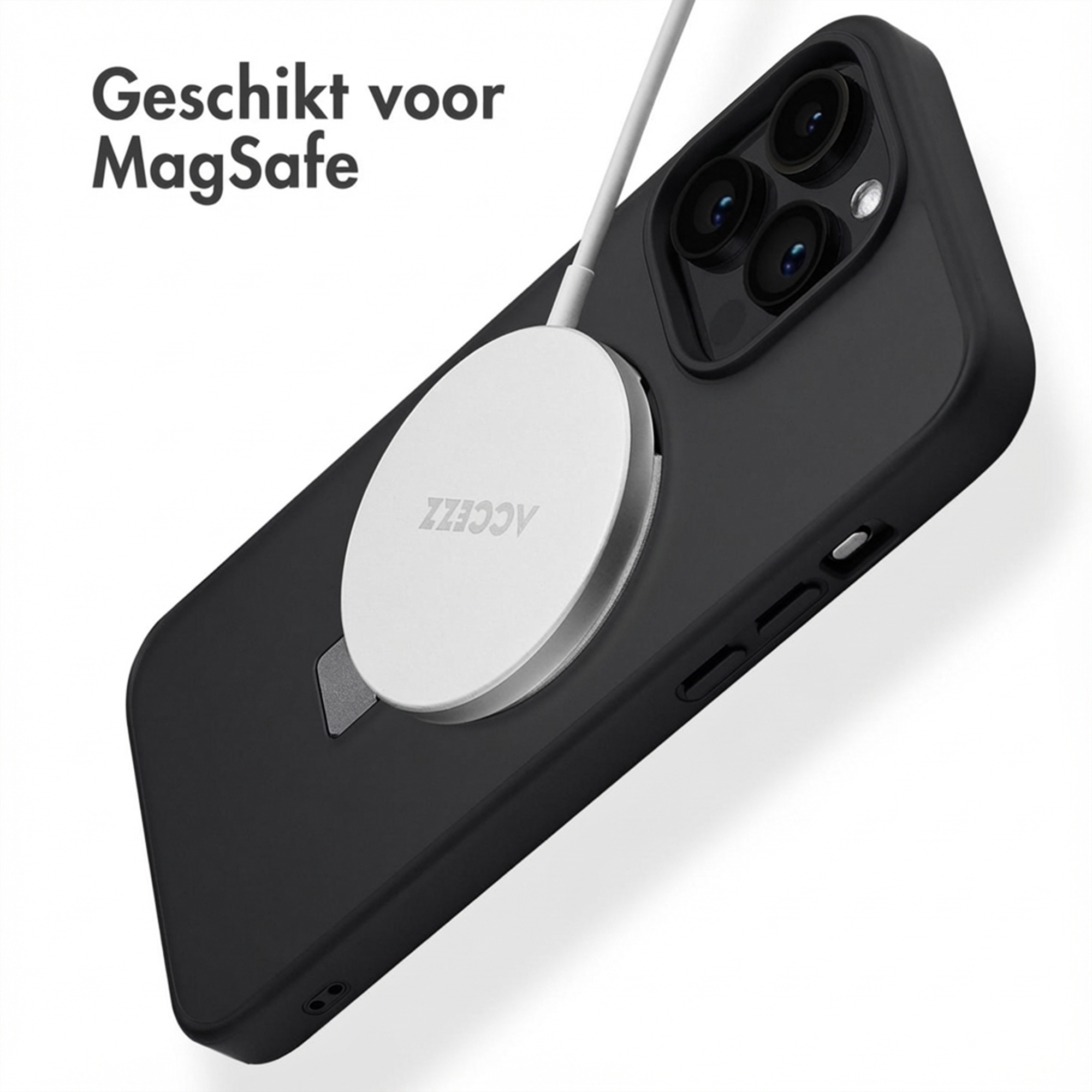 Cover nera per telefono con caricabatterie MagSafe e cavo.