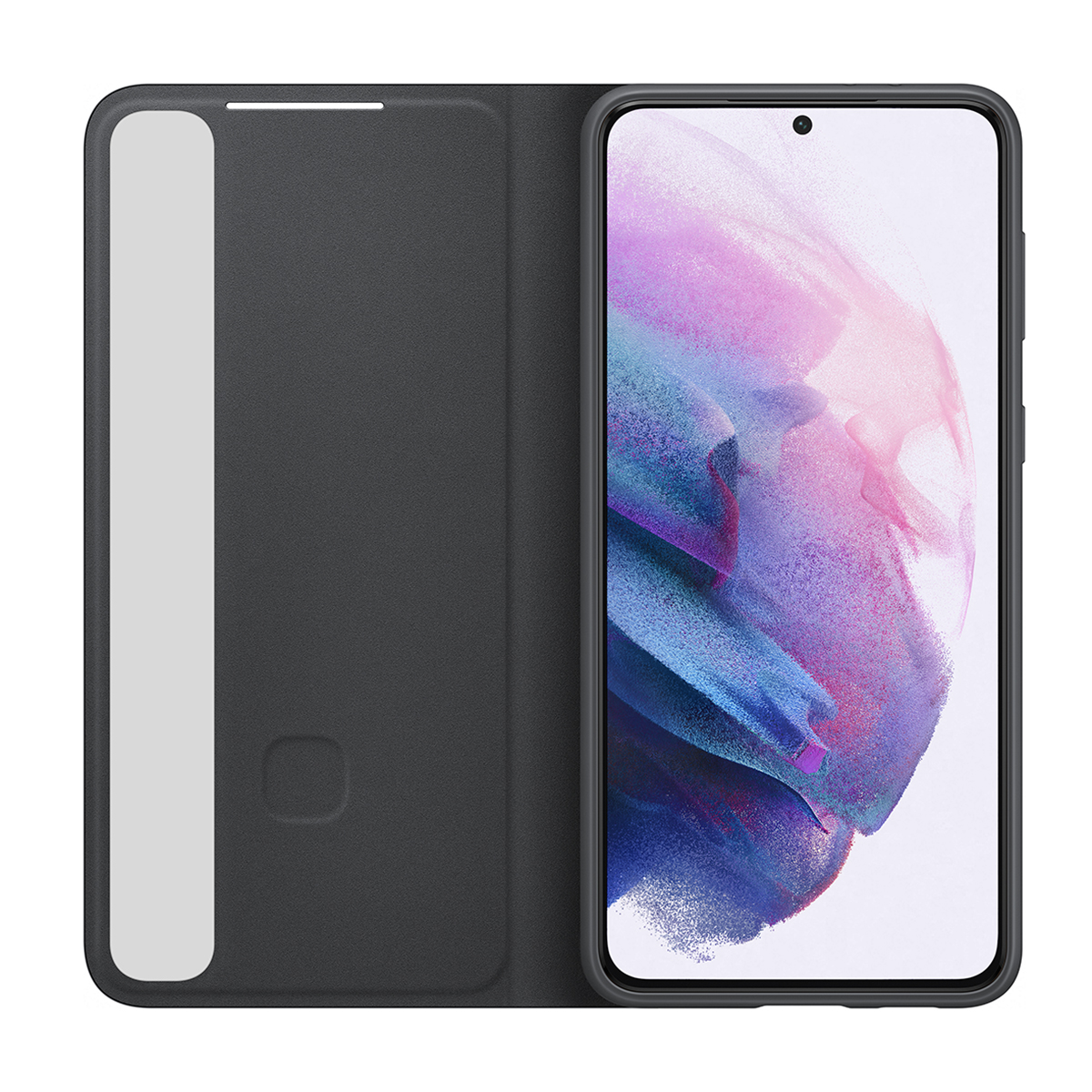 Dunkelgraues Handy-Flipcase mit einem Smartphone mit violetter und blauer Hintergrundgrafik.