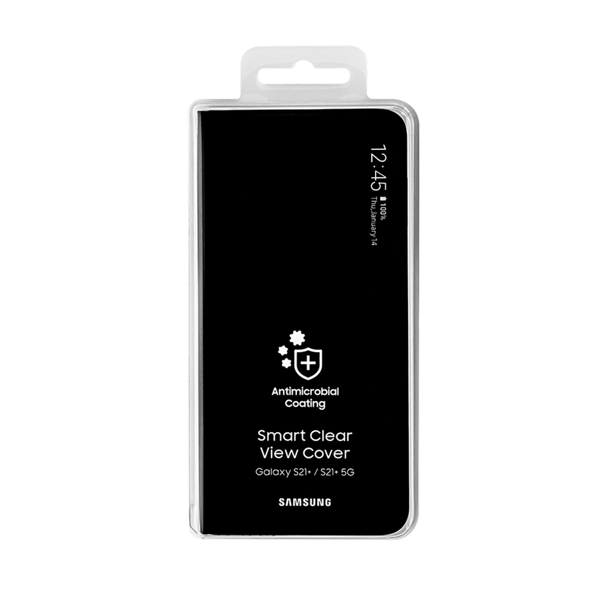 Schwarze Samsung Hülle in Verpackung mit Uhrzeit, Datum & „Antimicrobial Coating“.