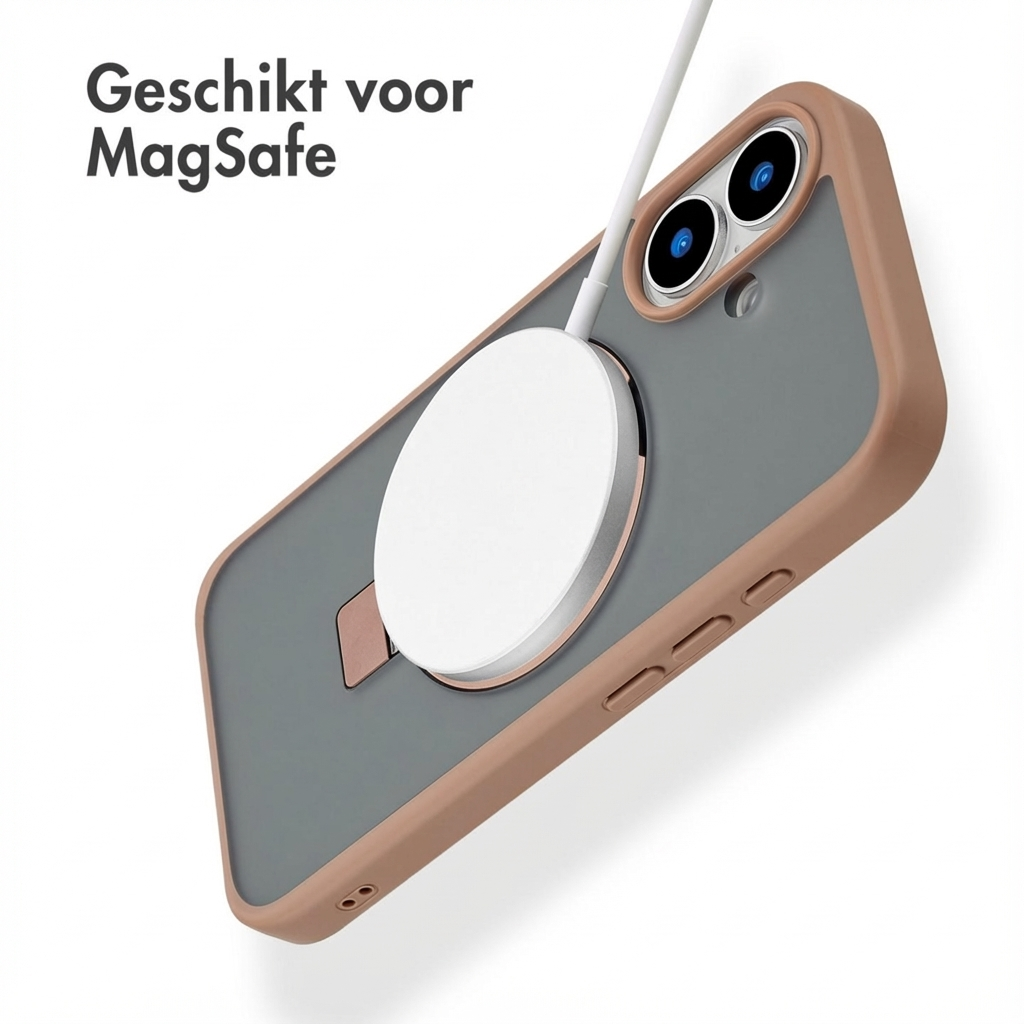 iPhone con caricatore MagSafe. Custodia grigia con bordo marrone.