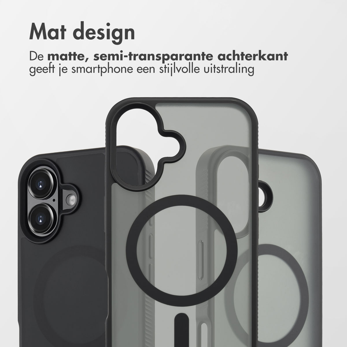 Tre custodie per telefono con design opaco e semitrasparente su sfondo bianco.