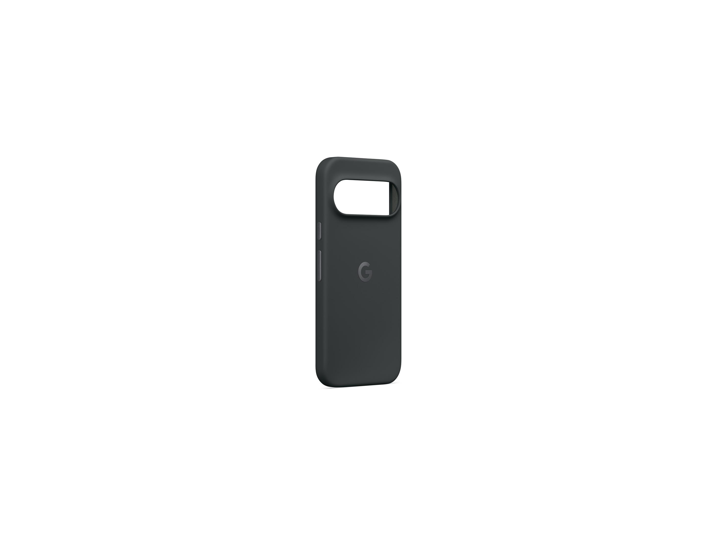 Coque de téléphone gris foncé avec logo Google, découpe blanche.