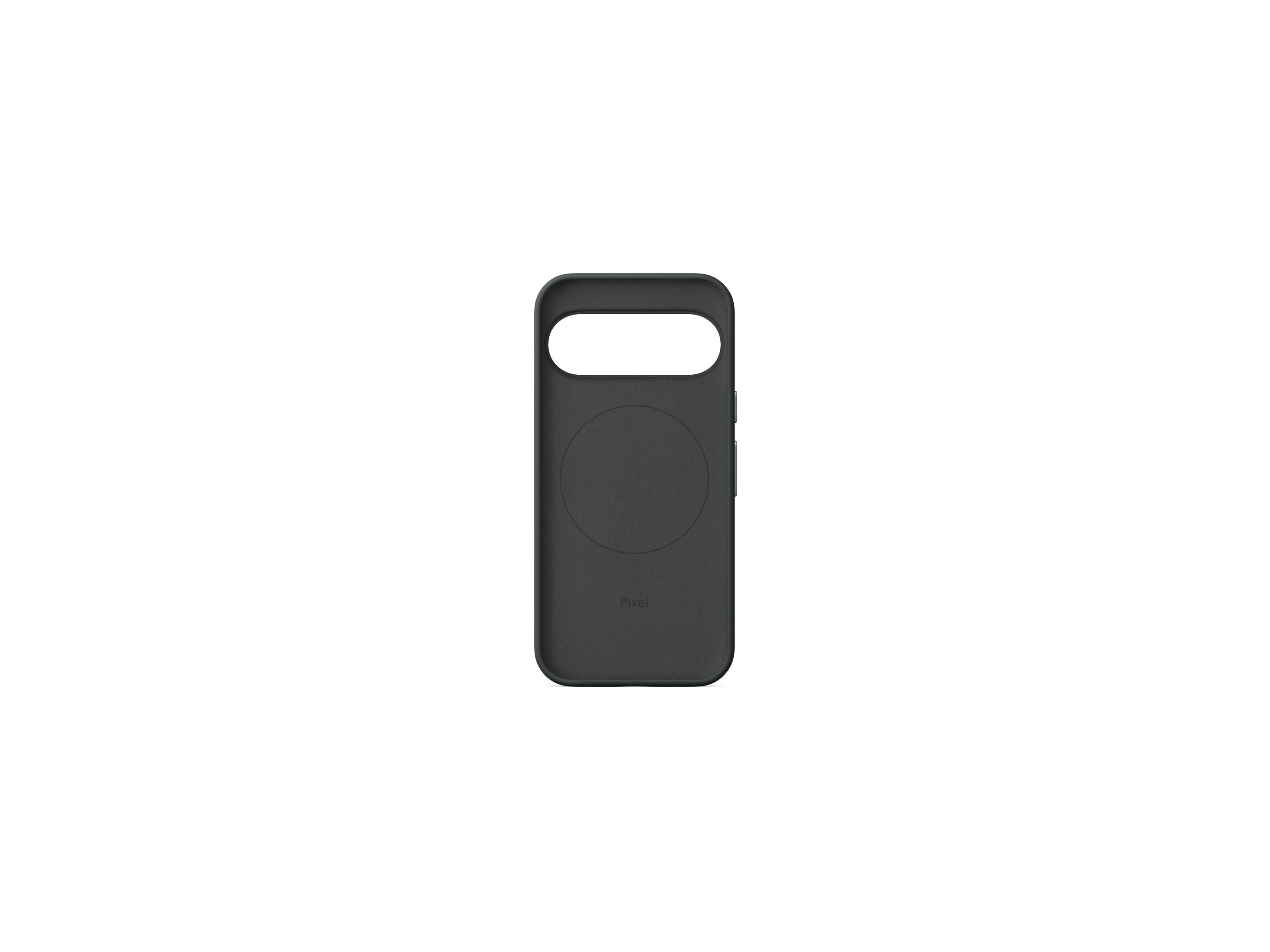 Coque de téléphone gris foncé avec découpe circulaire et logo Pixel.