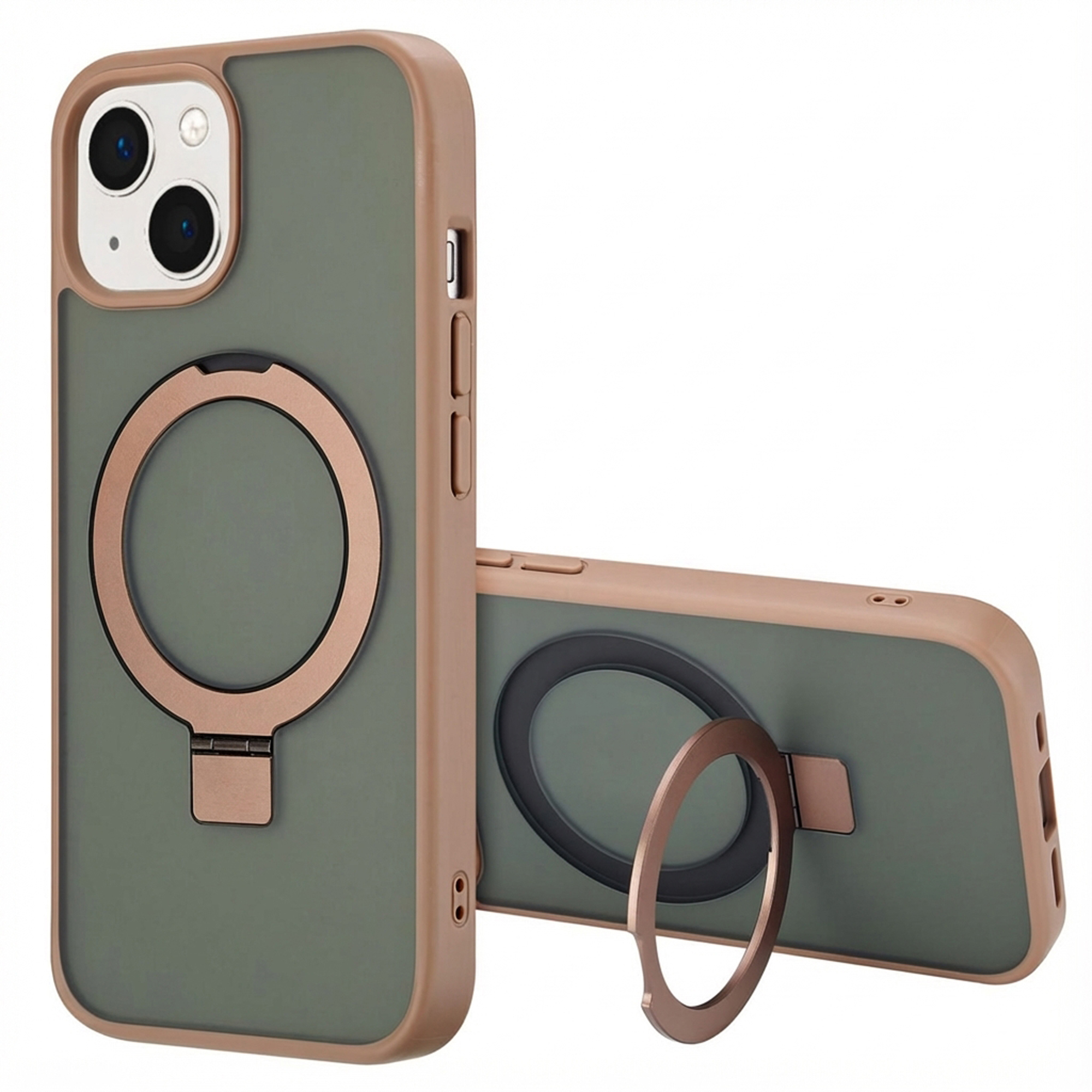 Two green phone cases with brown edges and metal ring stands.
