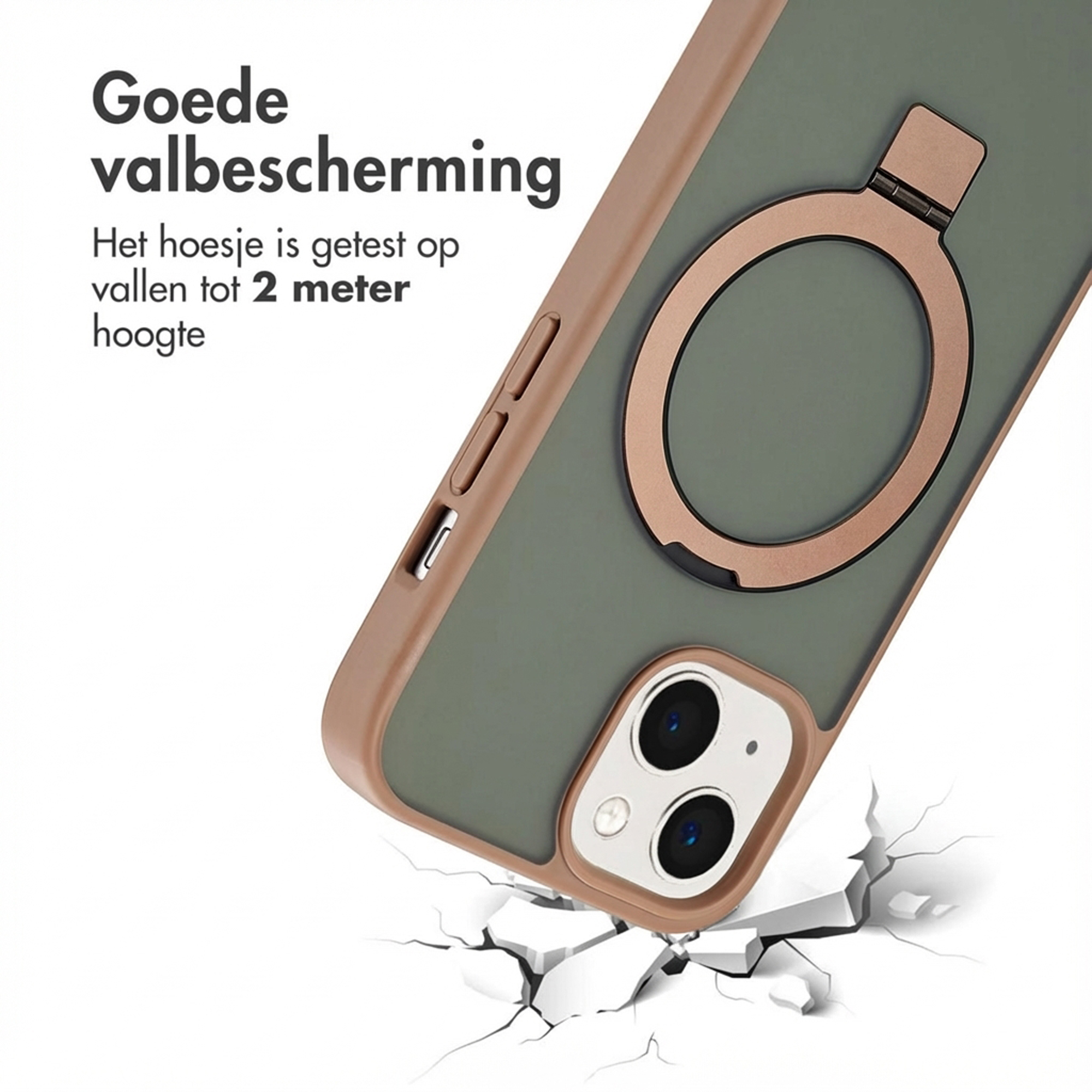 A green phone case with a ring on cracked ground