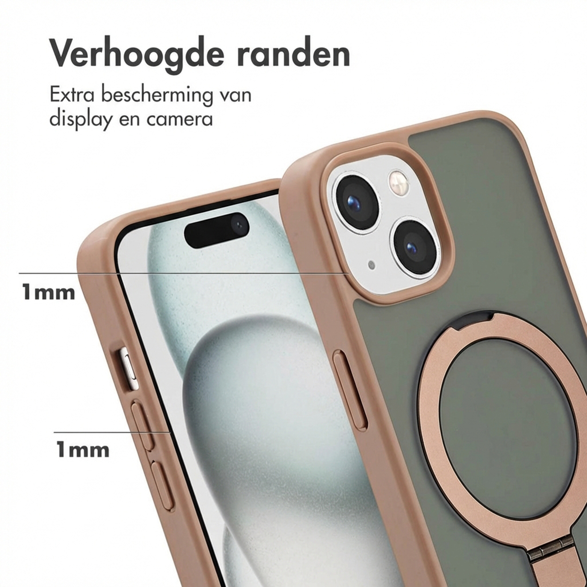 A phone with a brown edge and green back, featuring a ring holder.