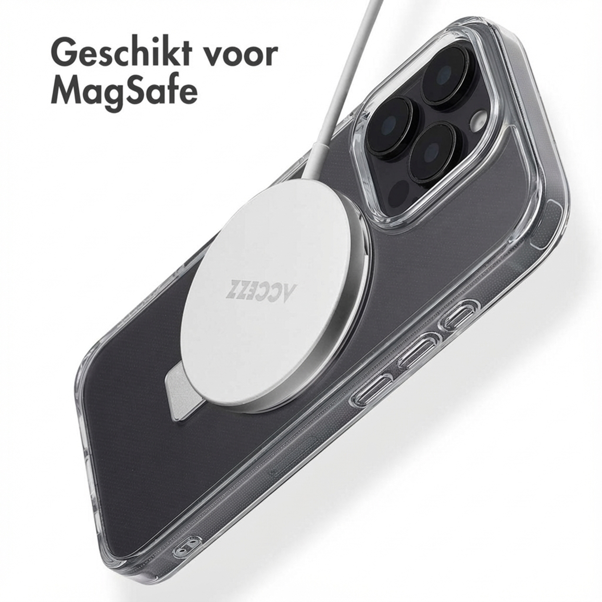 Una cover trasparente per telefono con caricabatterie MagSafe e cavo.