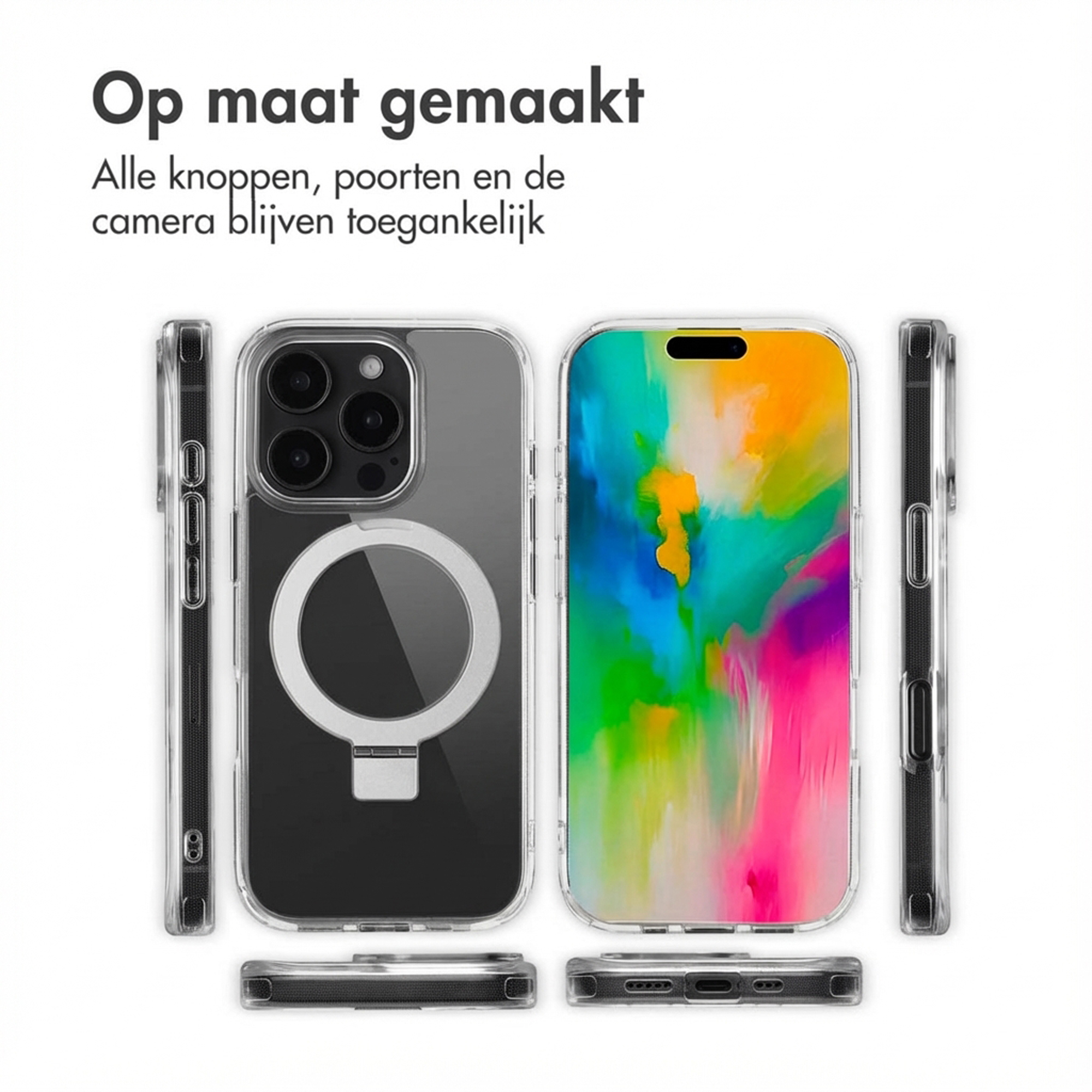 Custodia trasparente per telefono con motivo colorato e anello magnetico.