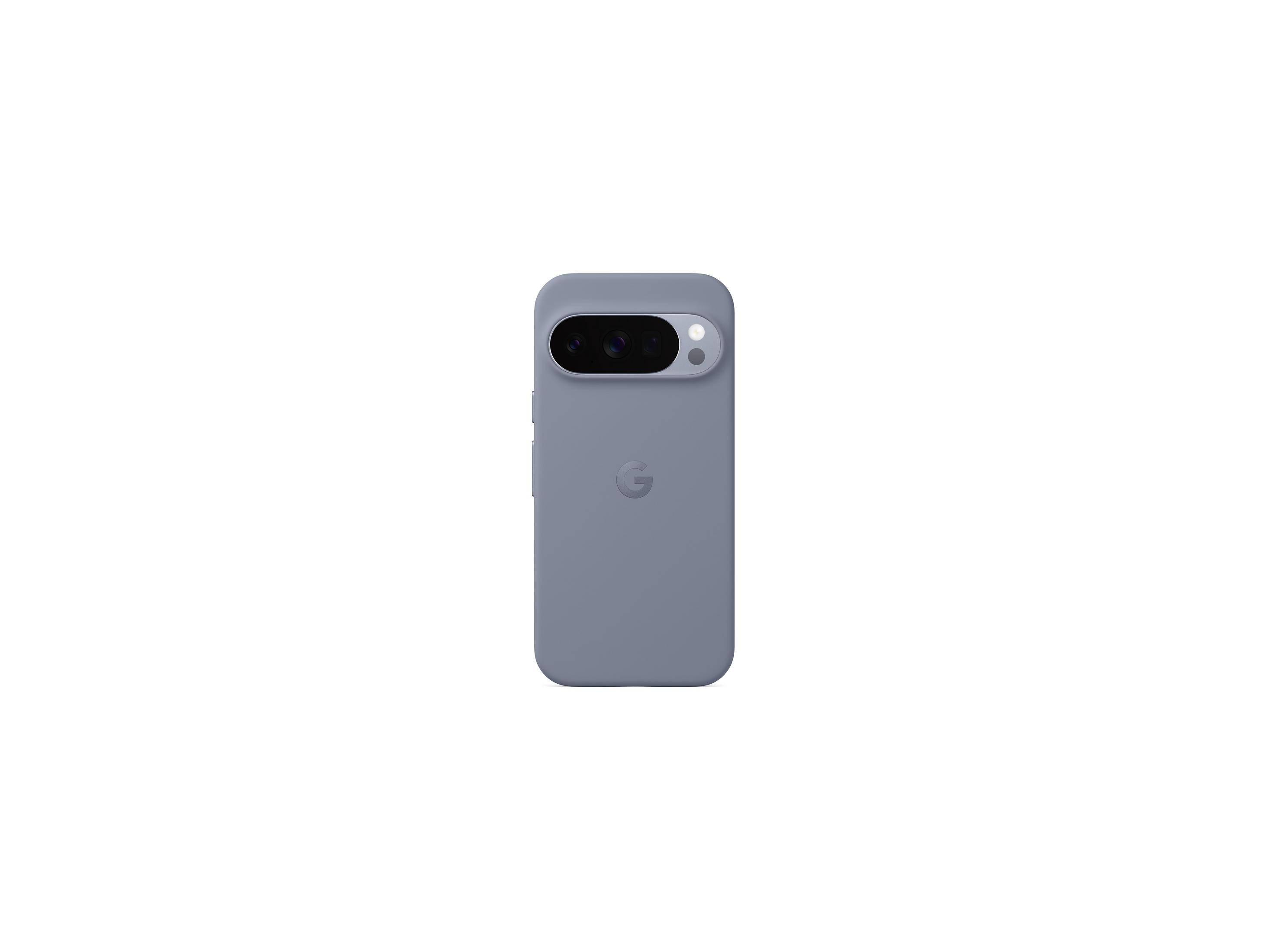 Custodia grigia per telefono con ritaglio fotocamera e logo Google.