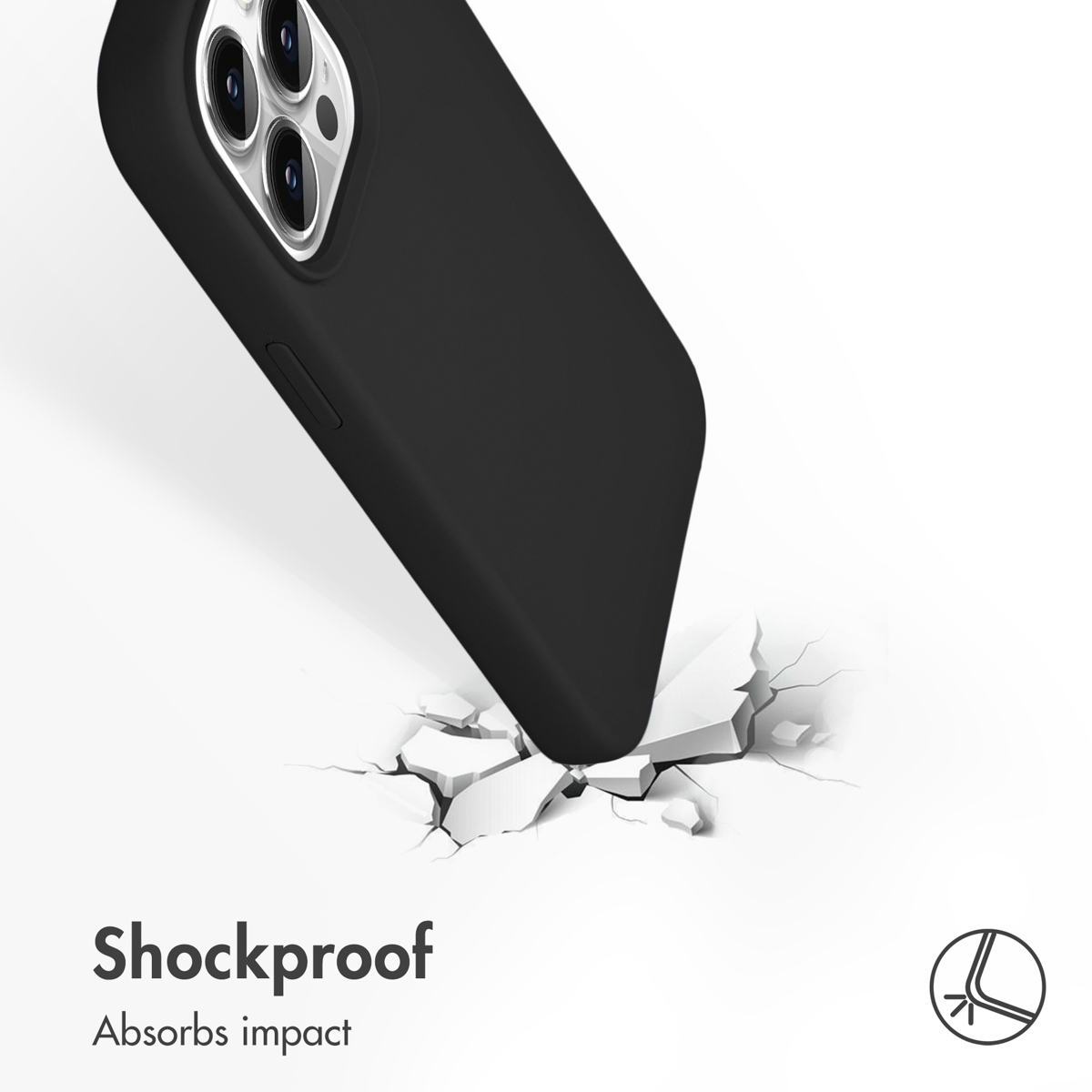 Cover nera per telefono rompe superficie bianca, logo.