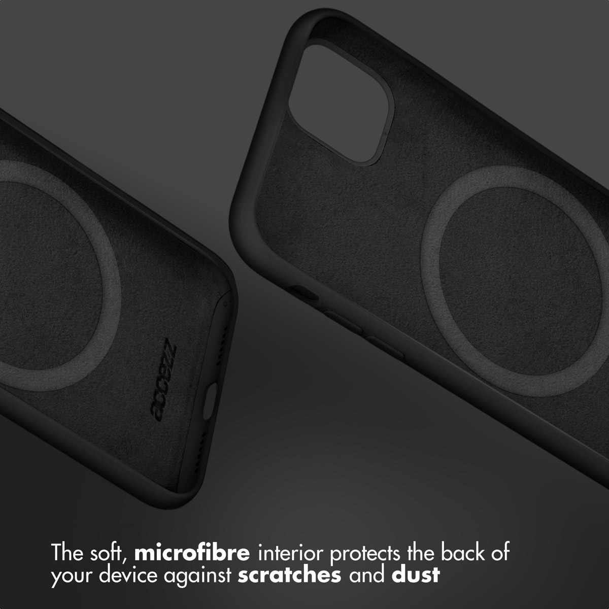 Due custodie per telefono nere con rivestimento in microfibra su sfondo scuro.