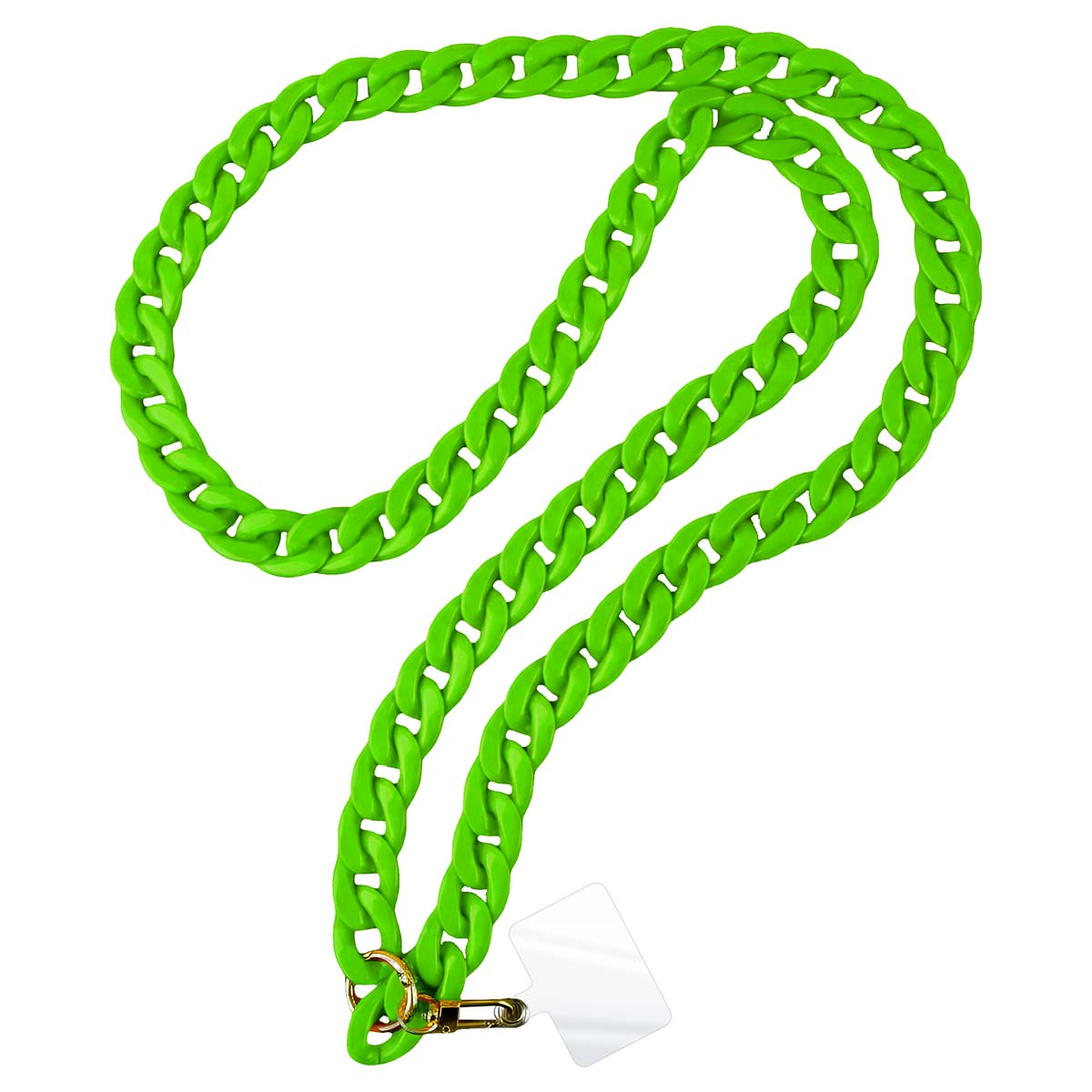 Eine leuchtend grüne, dicke Gliederkette mit einem transparenten Anhänger und goldenem Verschluss.